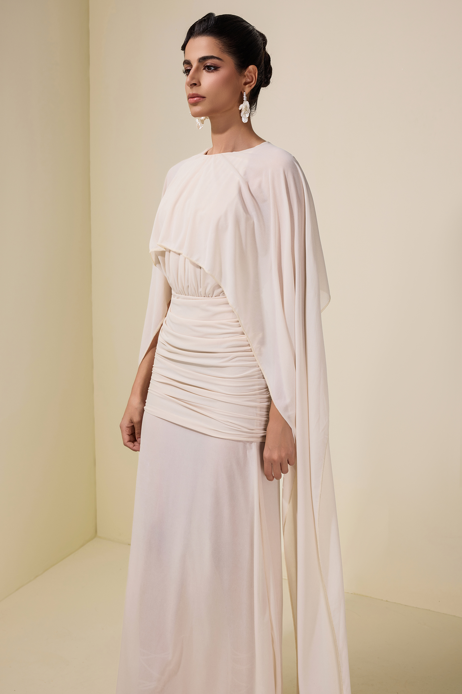 Jersey Cape Sleeve Gathering Maxi Dress