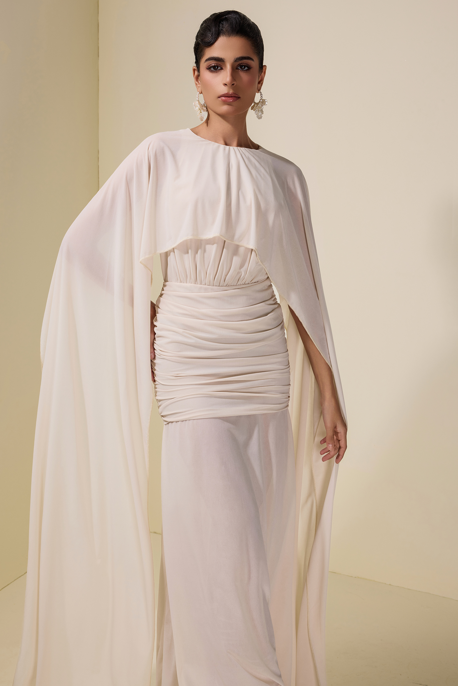Jersey Cape Sleeve Gathering Maxi Dress
