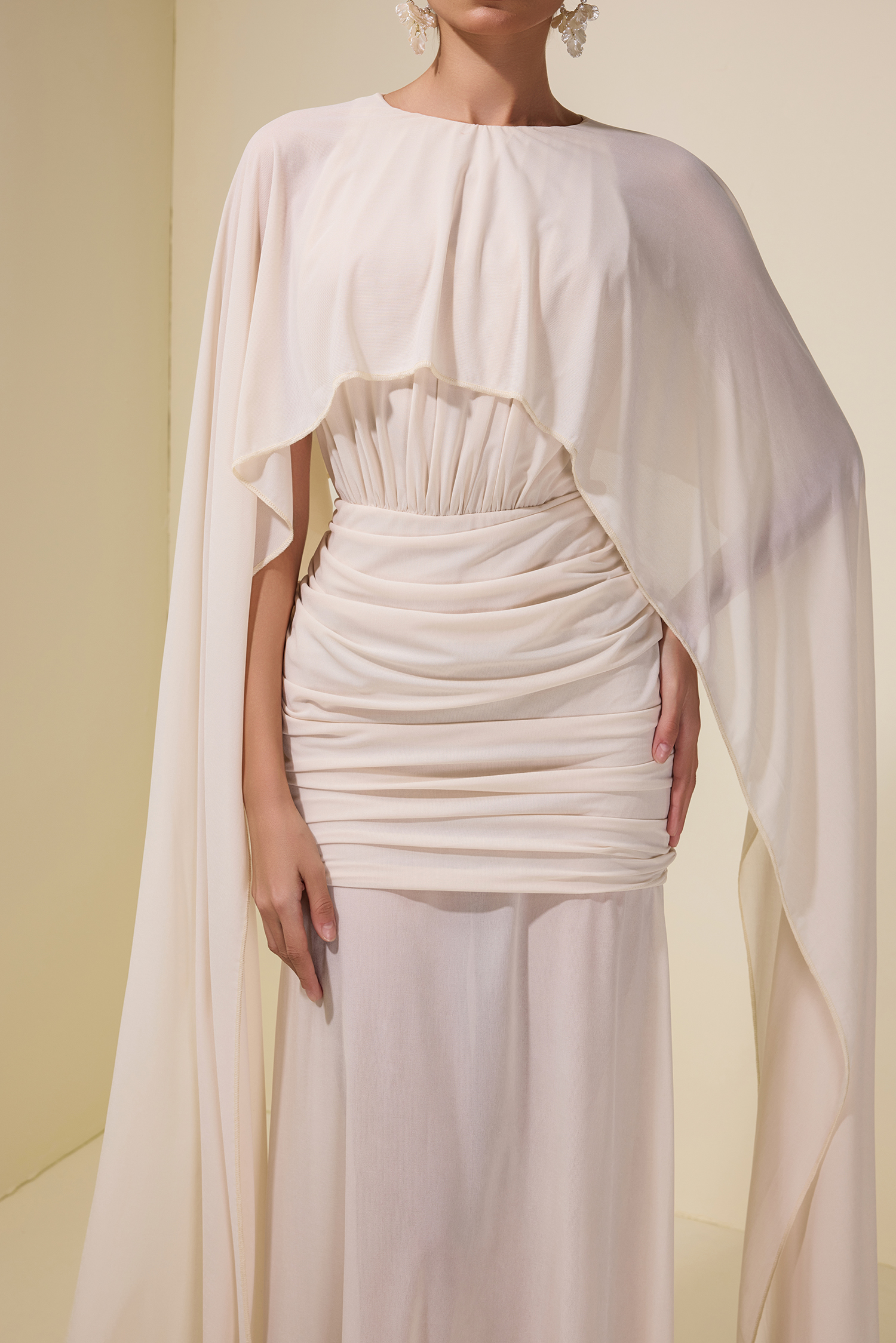 Jersey Cape Sleeve Gathering Maxi Dress