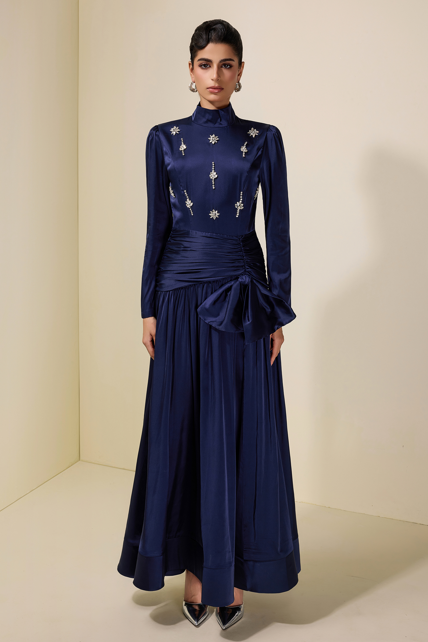 Satin Rhinestone Rivets Bow Maxi Dress