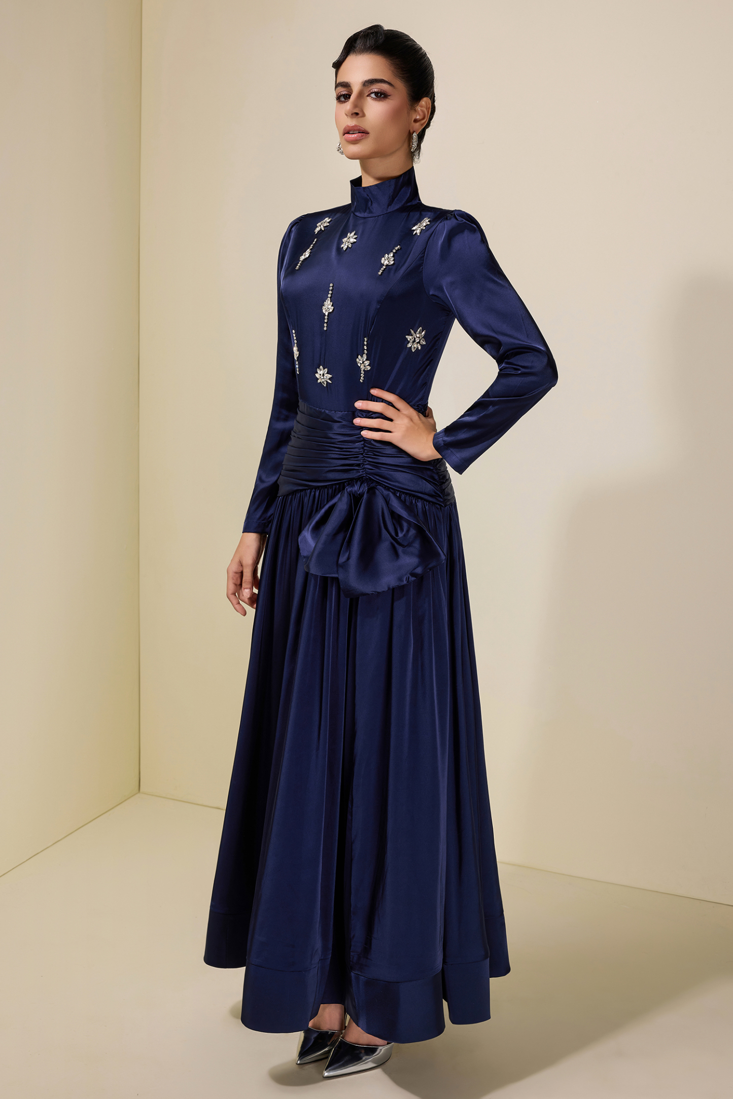 Satin Rhinestone Rivets Bow Maxi Dress