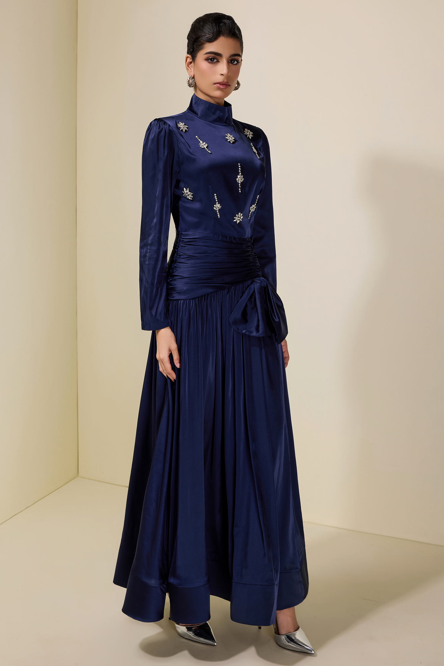 Satin Rhinestone Rivets Bow Maxi Dress