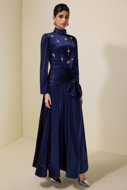 Satin Rhinestone Rivets Bow Maxi Dress