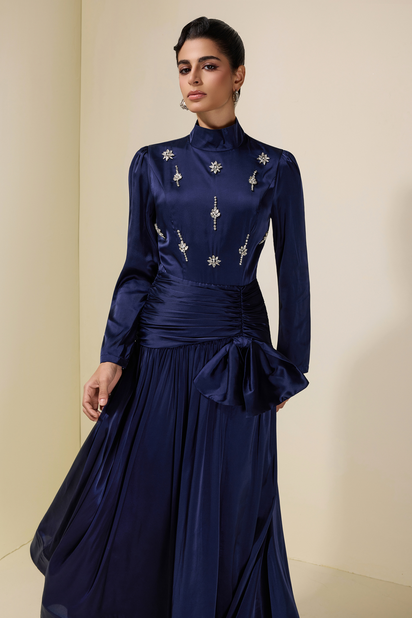 Satin Rhinestone Rivets Bow Maxi Dress