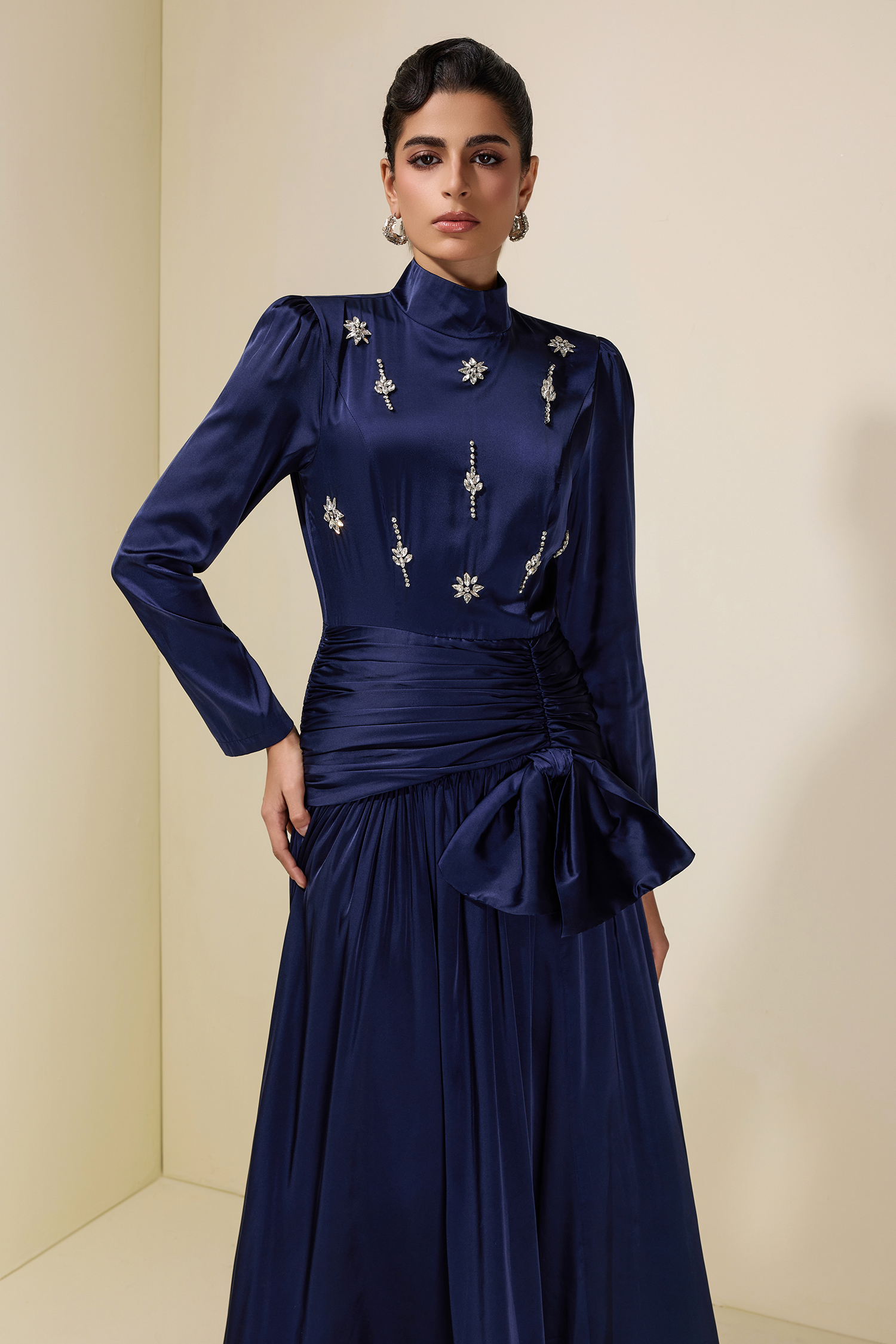 Satin Rhinestone Rivets Bow Maxi Dress