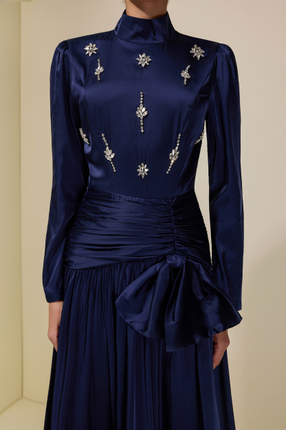 Satin Rhinestone Rivets Bow Maxi Dress