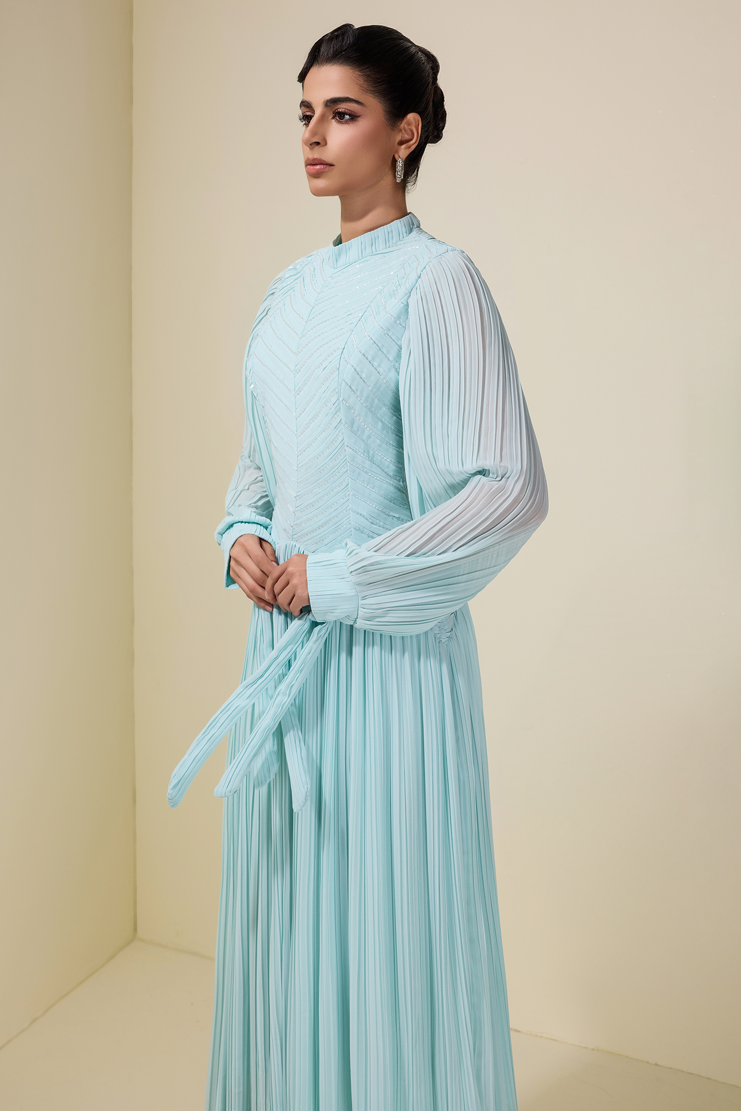 Chiffon Pleated Beaded Maxi Dress