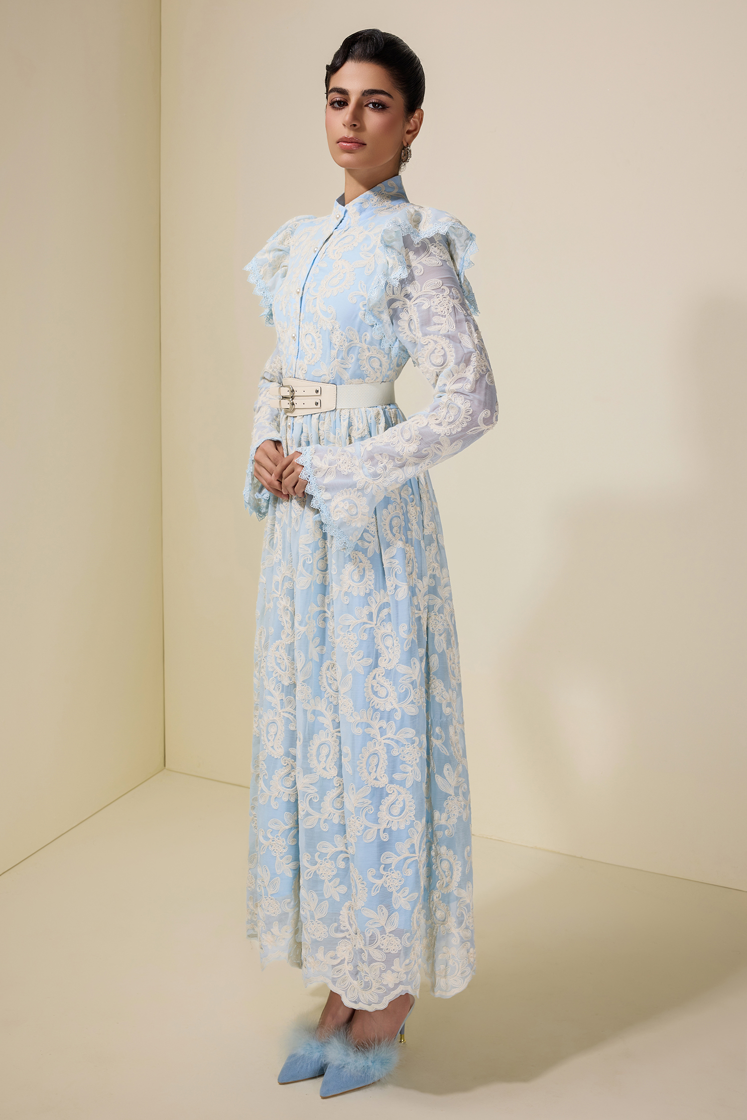 Chiffon Embroidered Single Breasted Midi Dress With Belt