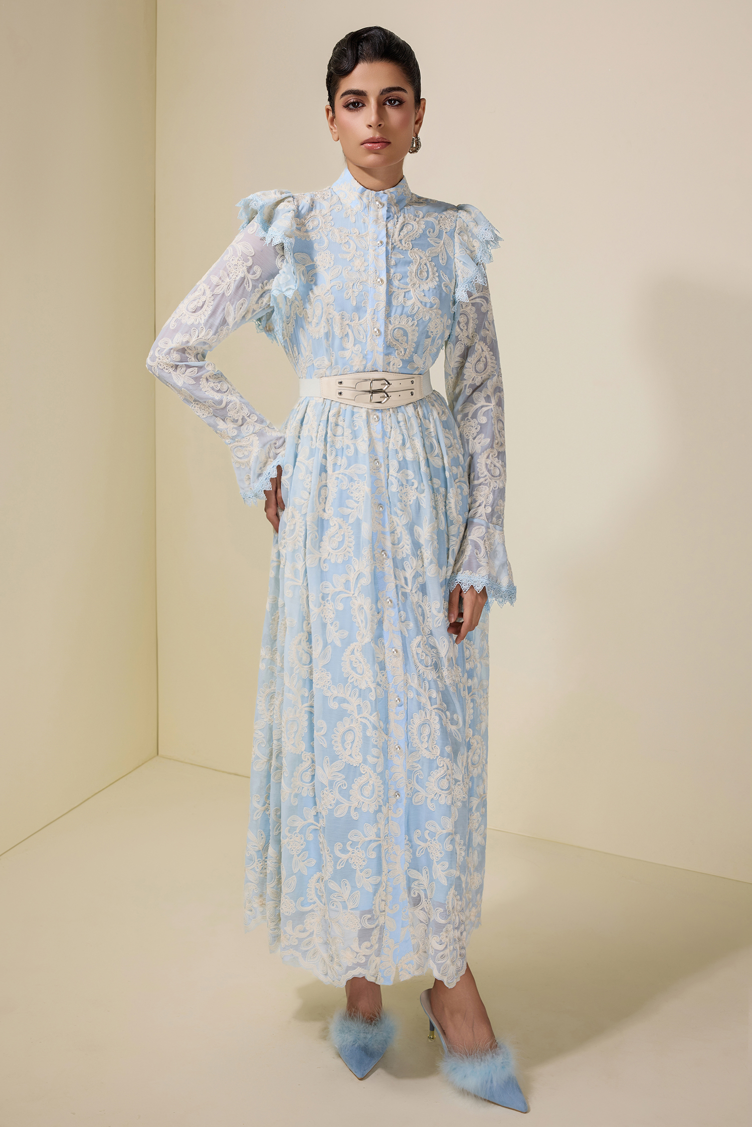 Chiffon Embroidered Single Breasted Midi Dress With Belt