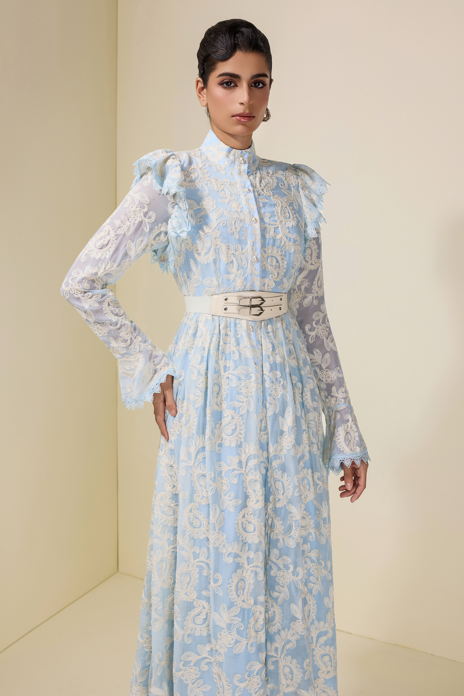 Chiffon Embroidered Single Breasted Midi Dress With Belt