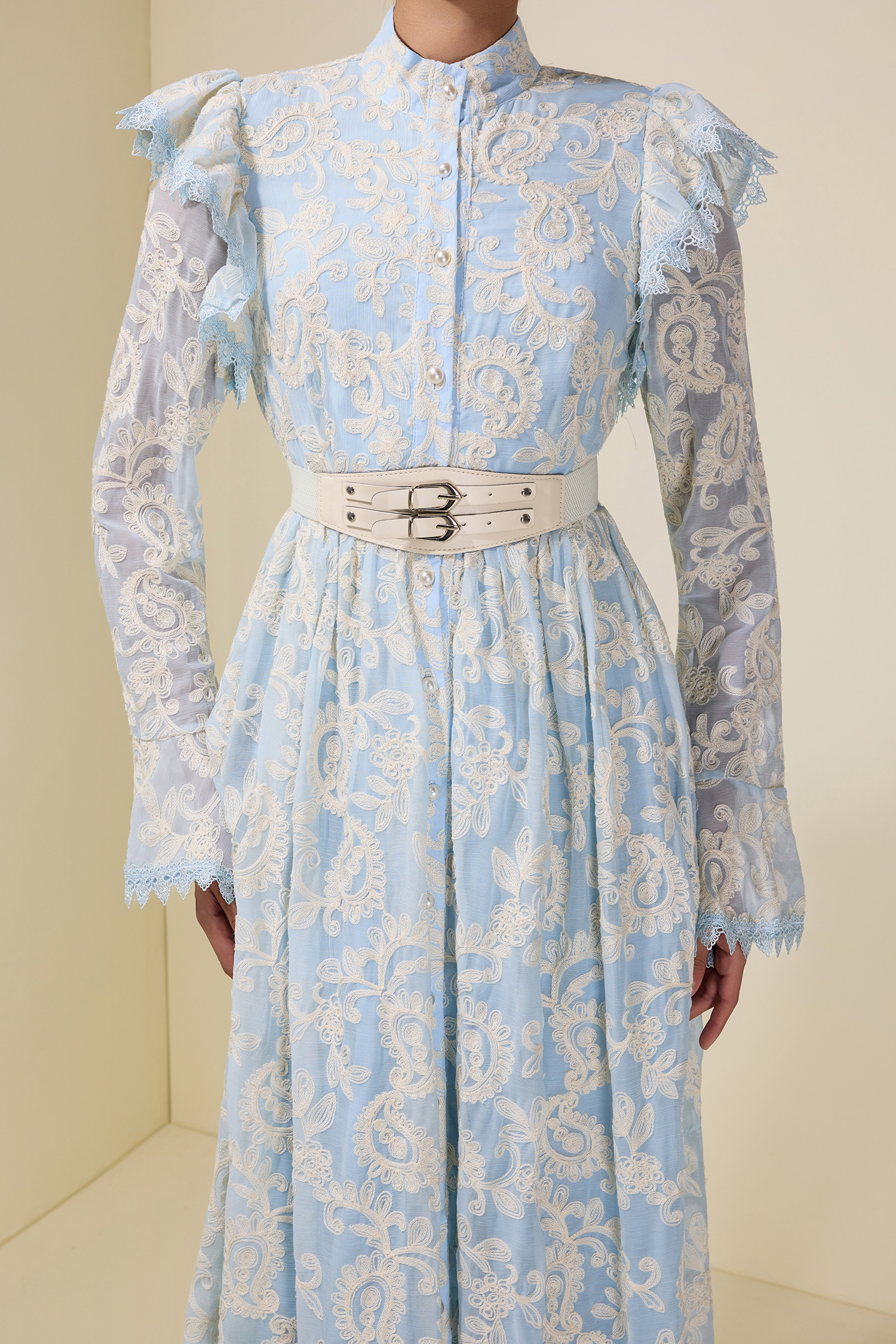 Chiffon Embroidered Single Breasted Midi Dress With Belt