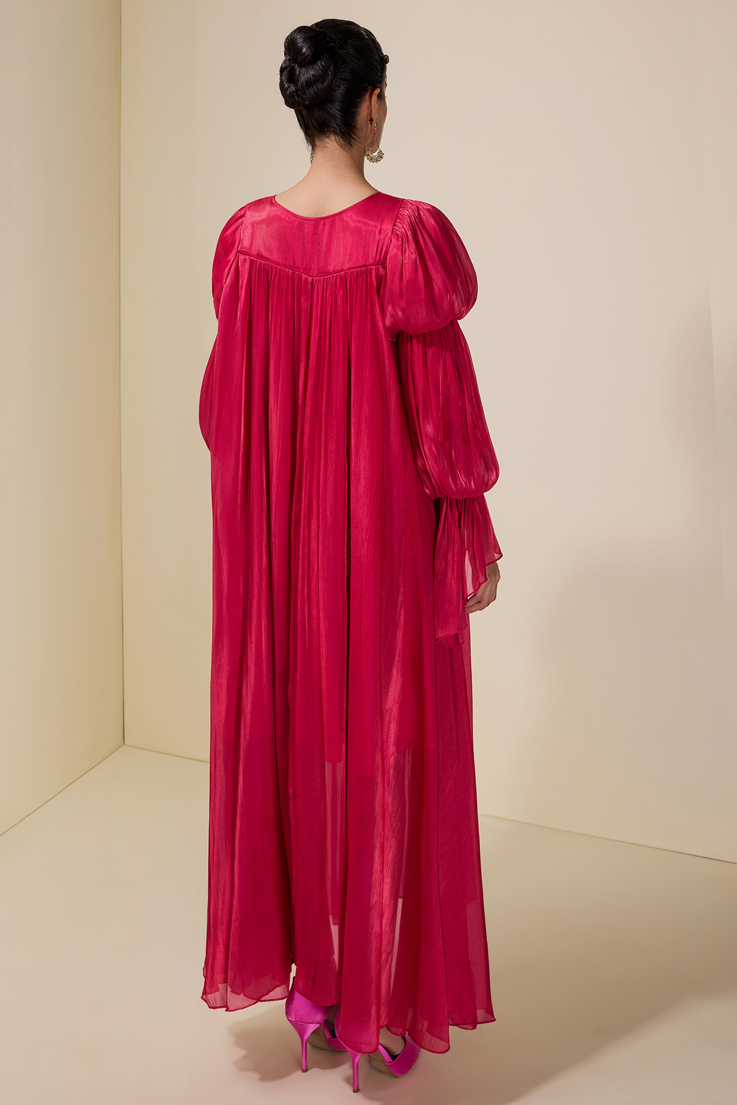 Satin Tie-Up Lantern Sleeve Maxi Dress