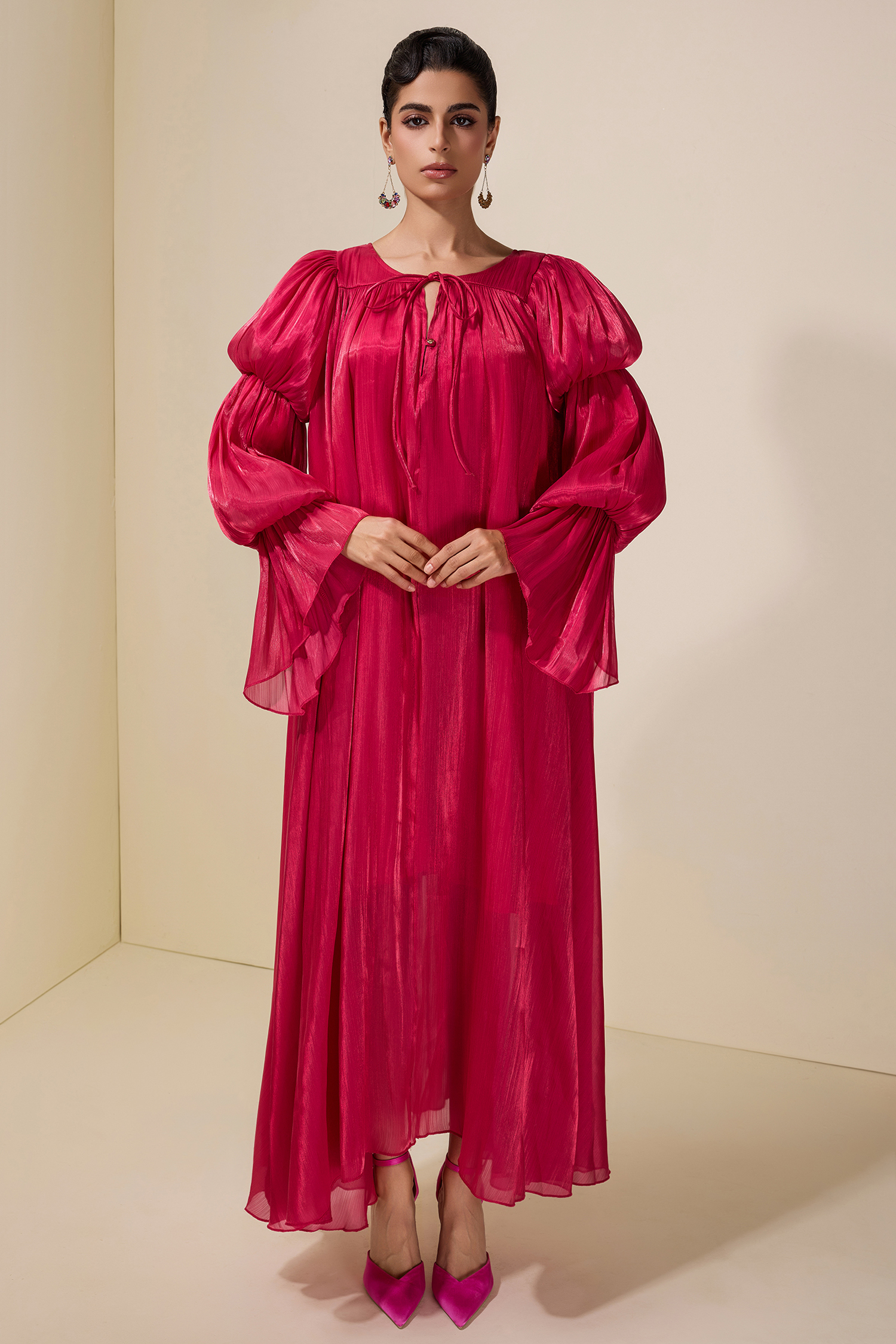 Satin Tie-Up Lantern Sleeve Maxi Dress