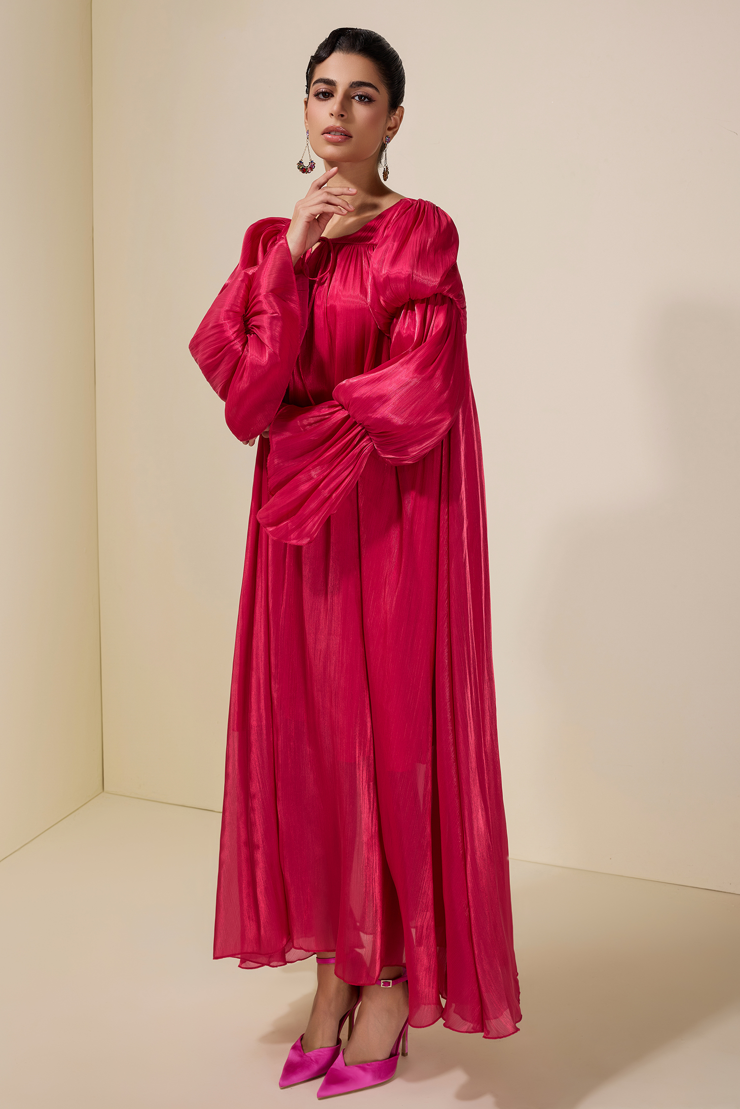 Satin Tie-Up Lantern Sleeve Maxi Dress