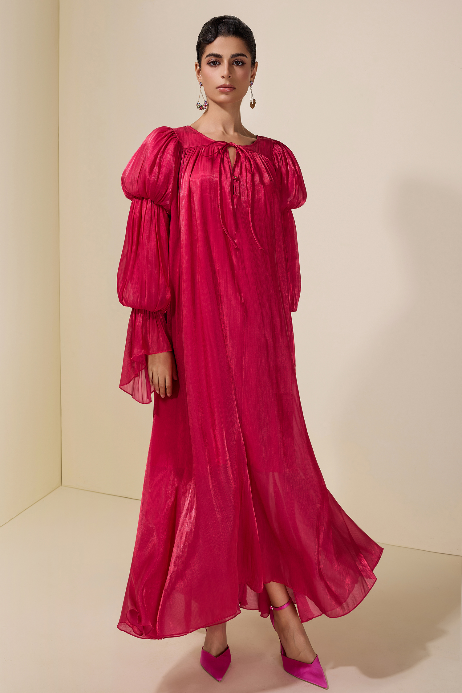 Satin Tie-Up Lantern Sleeve Maxi Dress