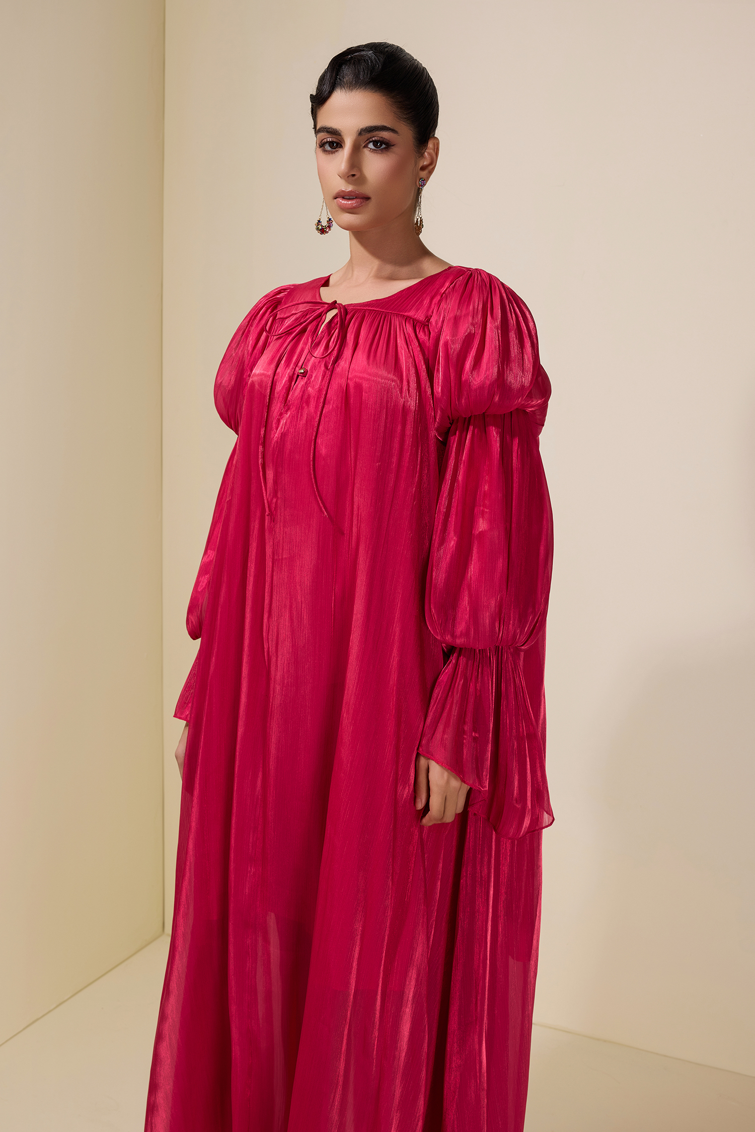 Satin Tie-Up Lantern Sleeve Maxi Dress