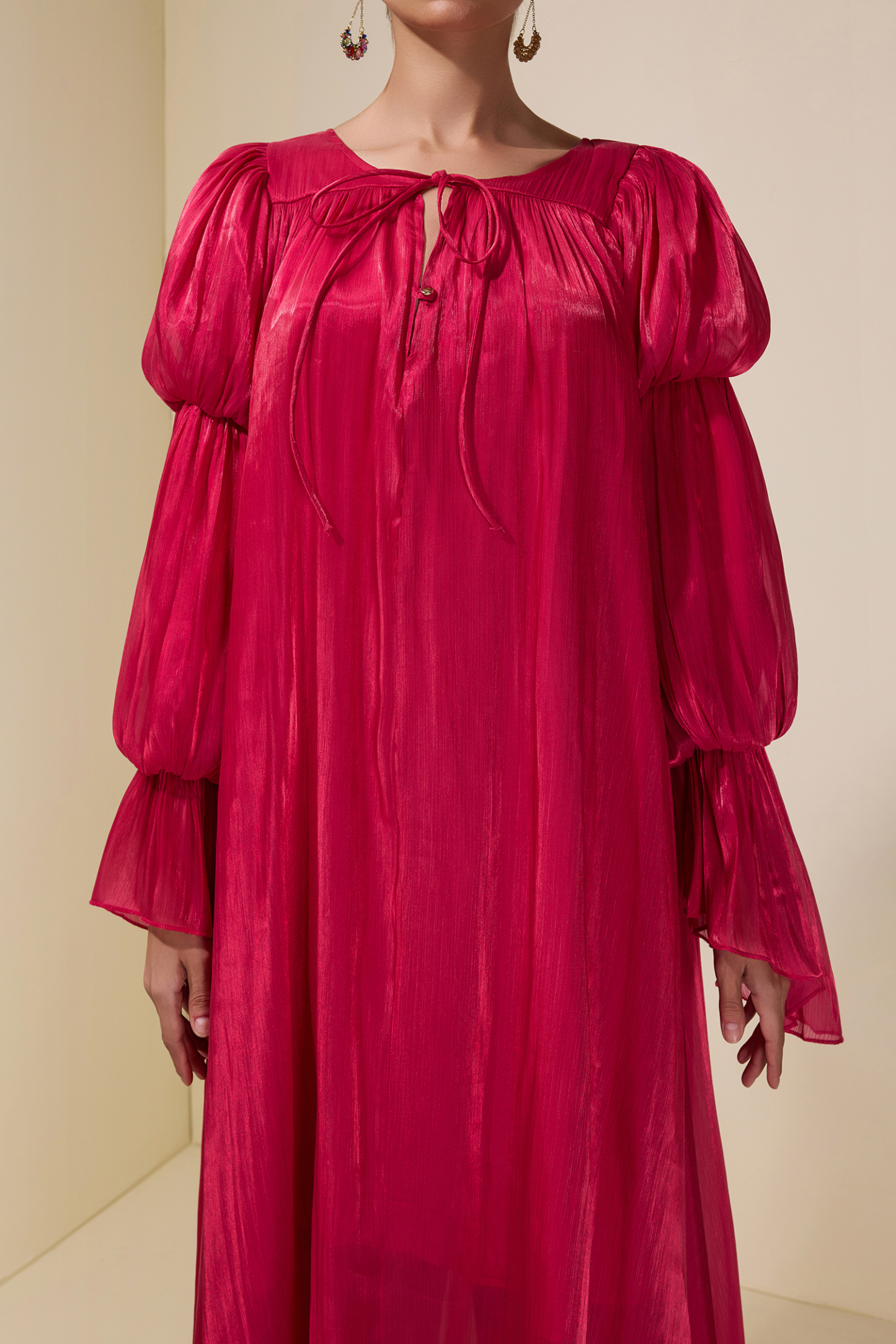 Satin Tie-Up Lantern Sleeve Maxi Dress