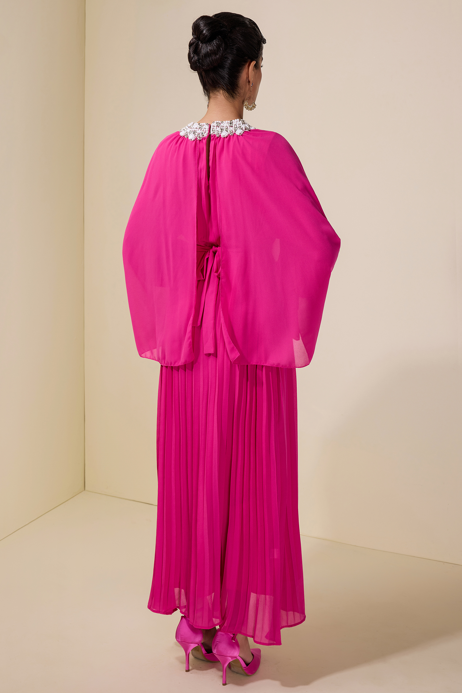 Rhinestone Rivets Pleated Cape Sleeve Midi Dress