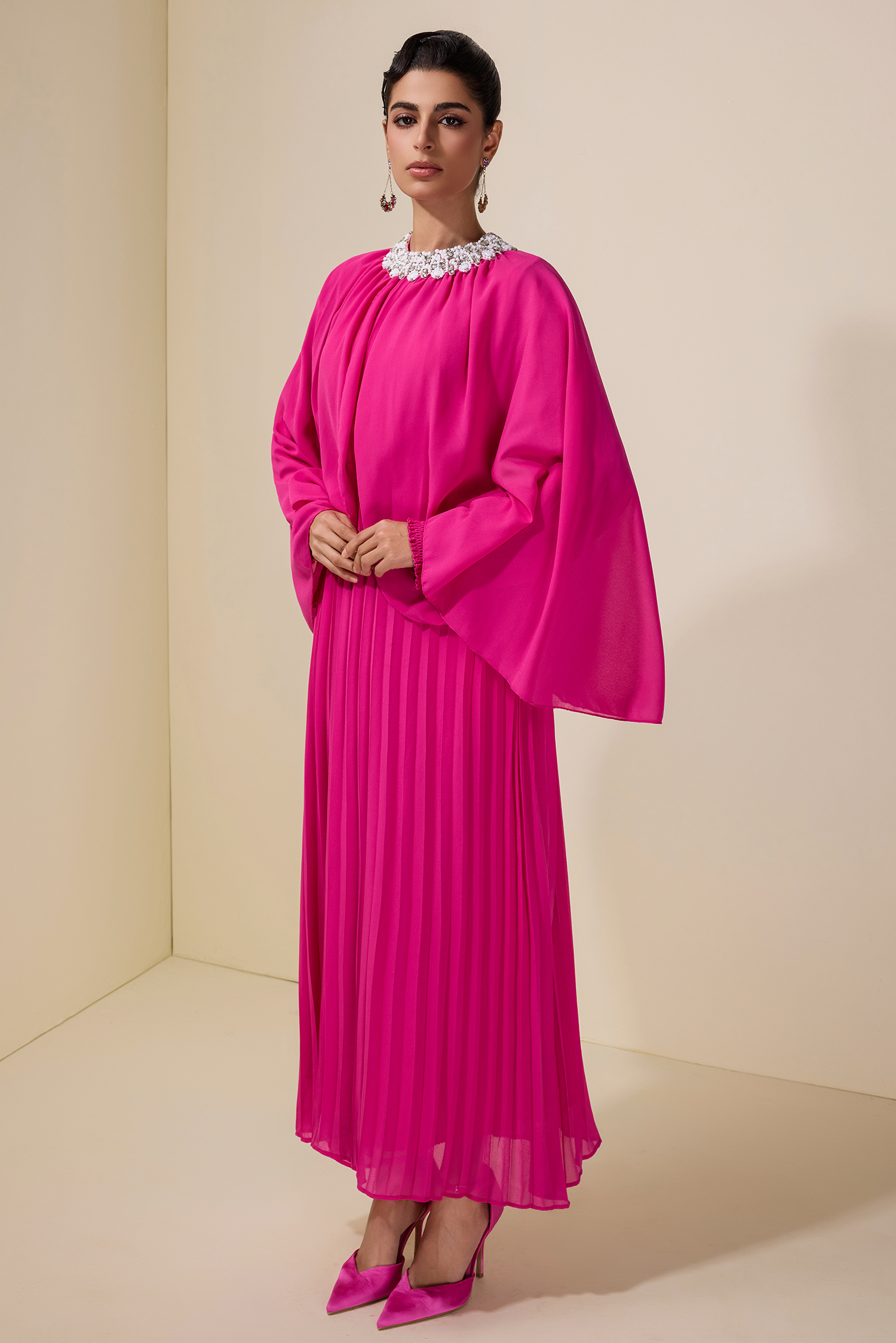 Rhinestone Rivets Pleated Cape Sleeve Midi Dress