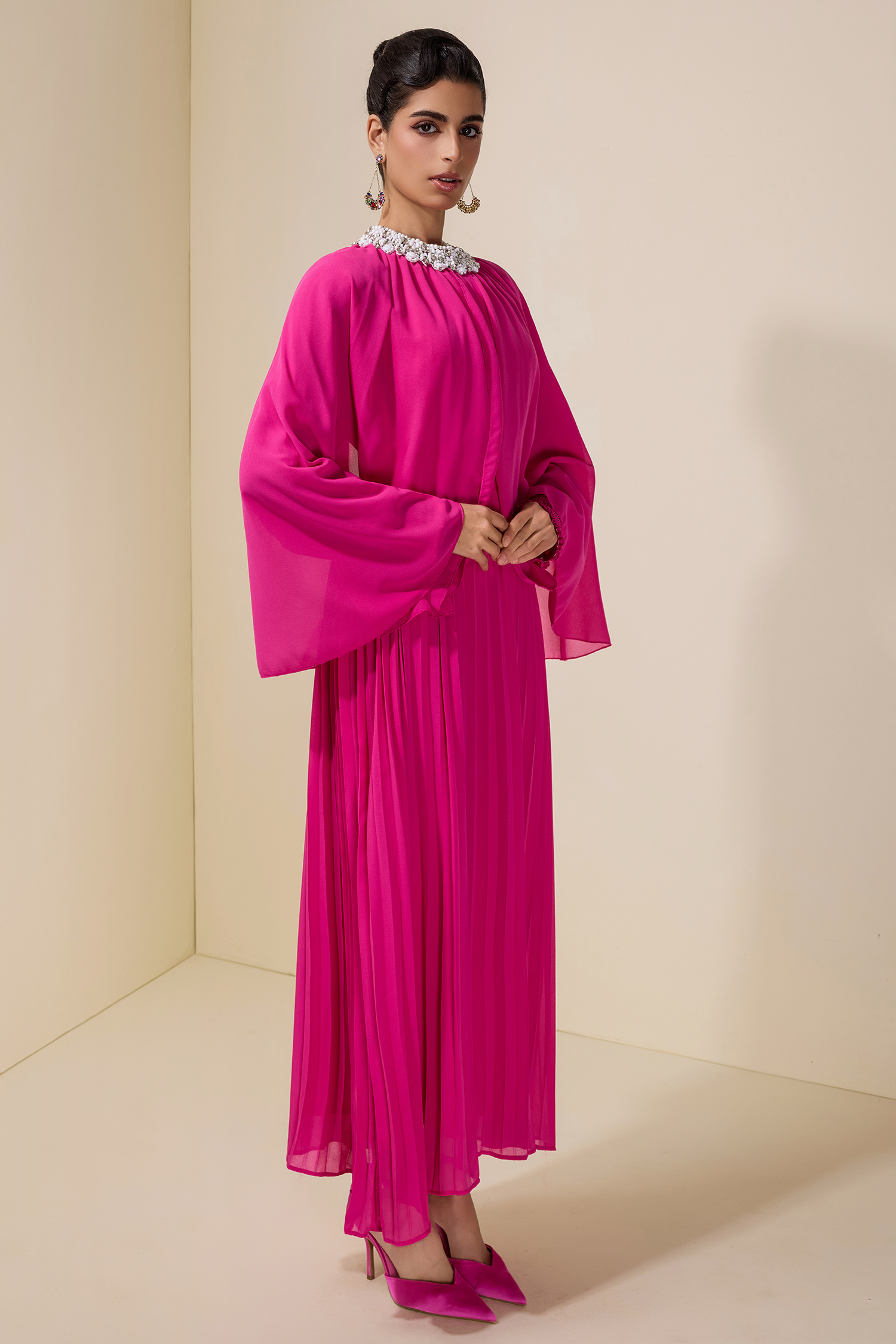 Rhinestone Rivets Pleated Cape Sleeve Midi Dress