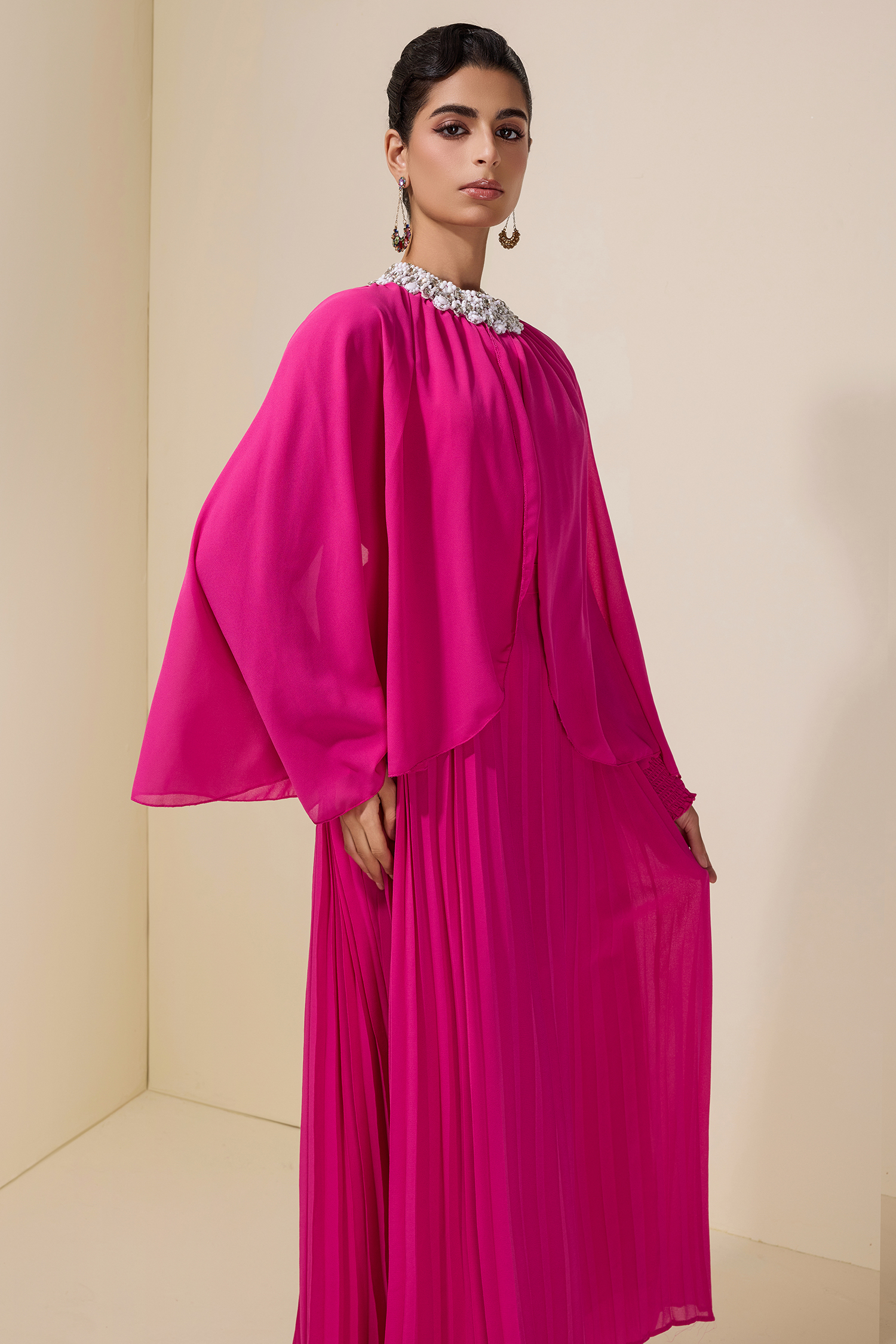 Rhinestone Rivets Pleated Cape Sleeve Midi Dress