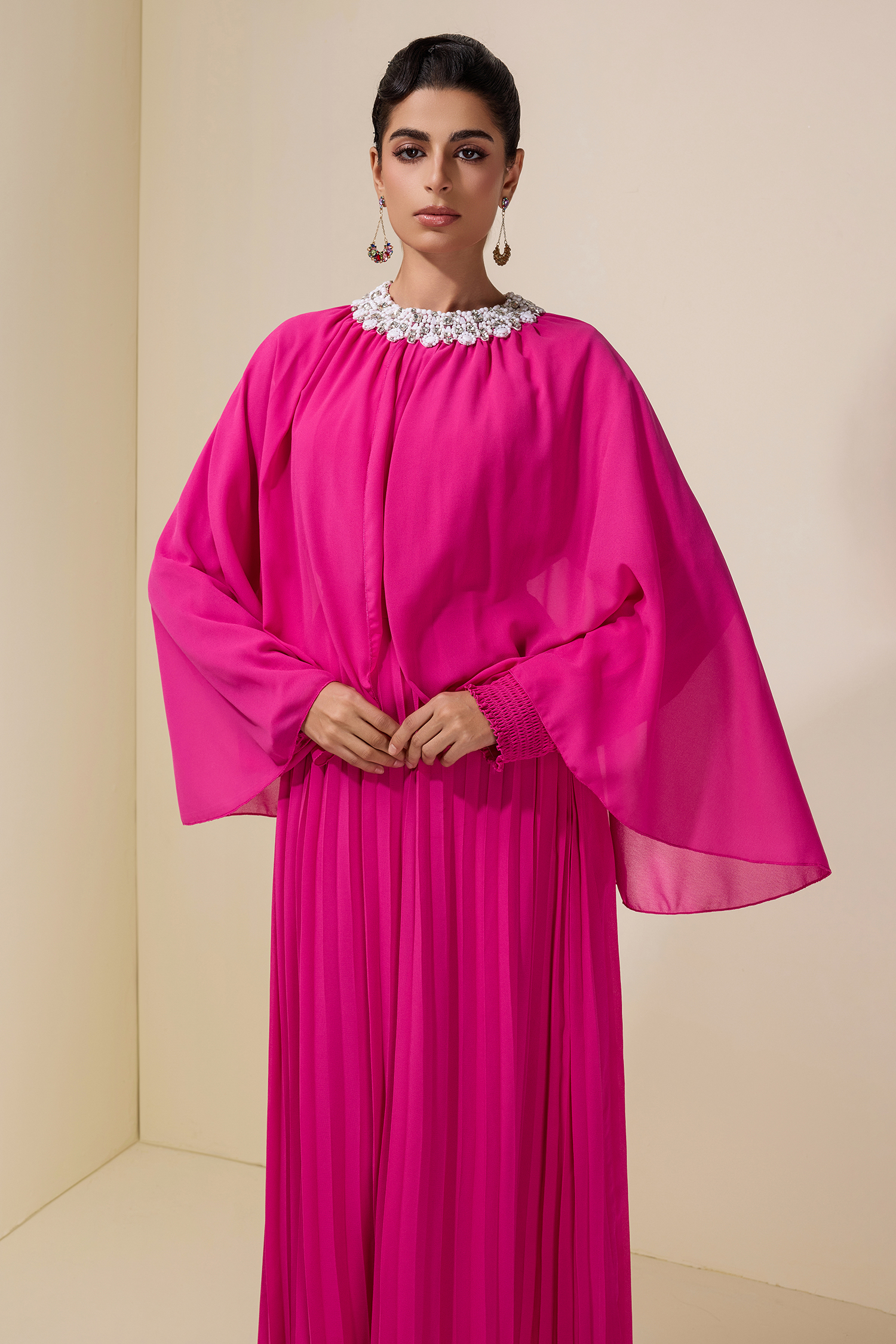 Rhinestone Rivets Pleated Cape Sleeve Midi Dress