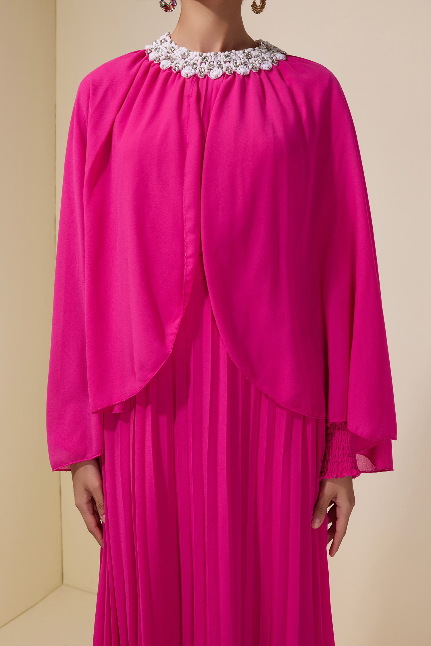 Rhinestone Rivets Pleated Cape Sleeve Midi Dress