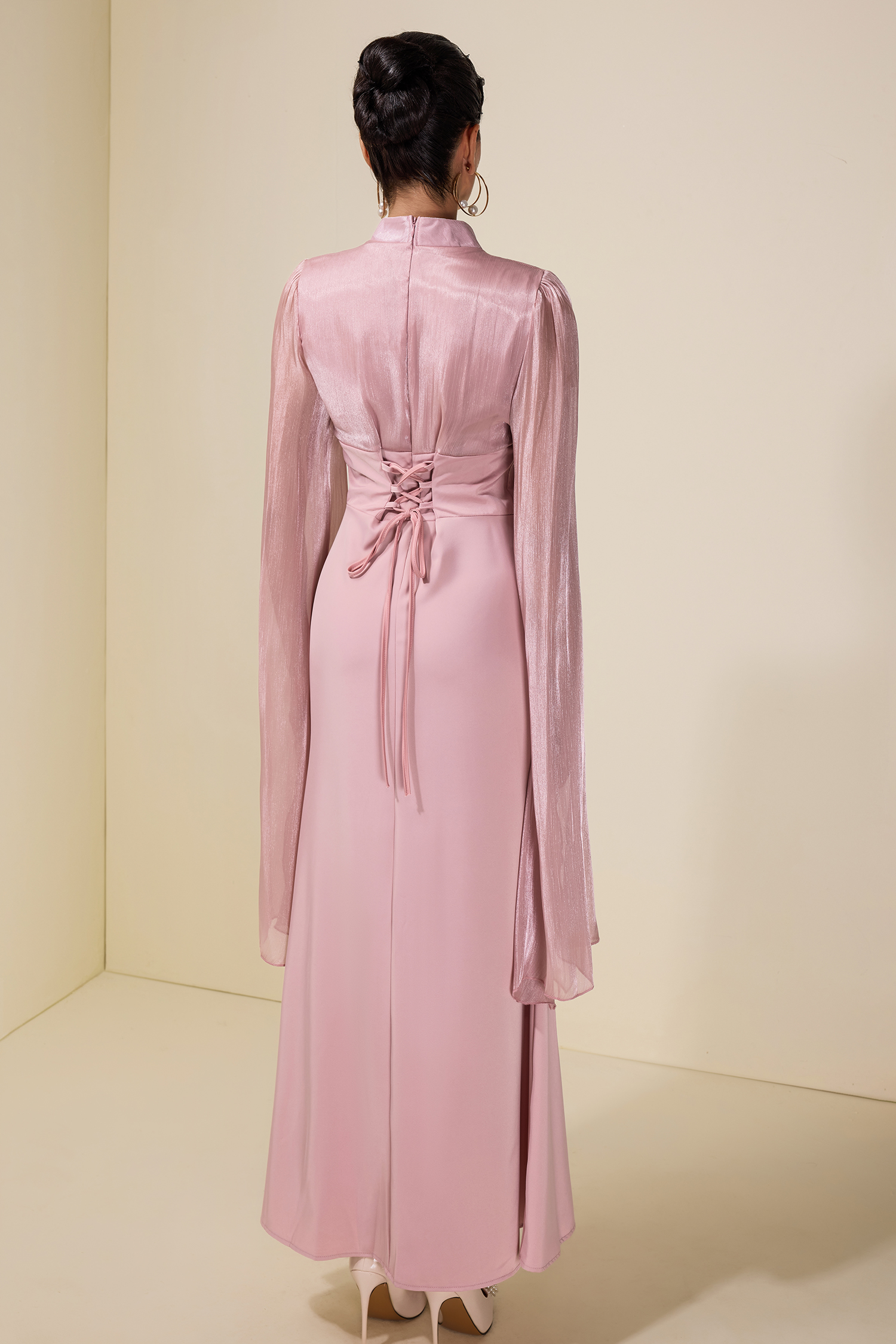 Satin Splicing Organza Cape Sleeve Maxi Dress