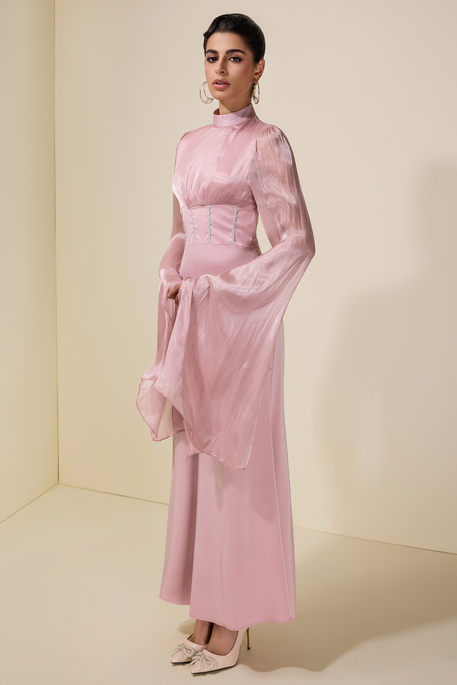 Satin Splicing Organza Cape Sleeve Maxi Dress
