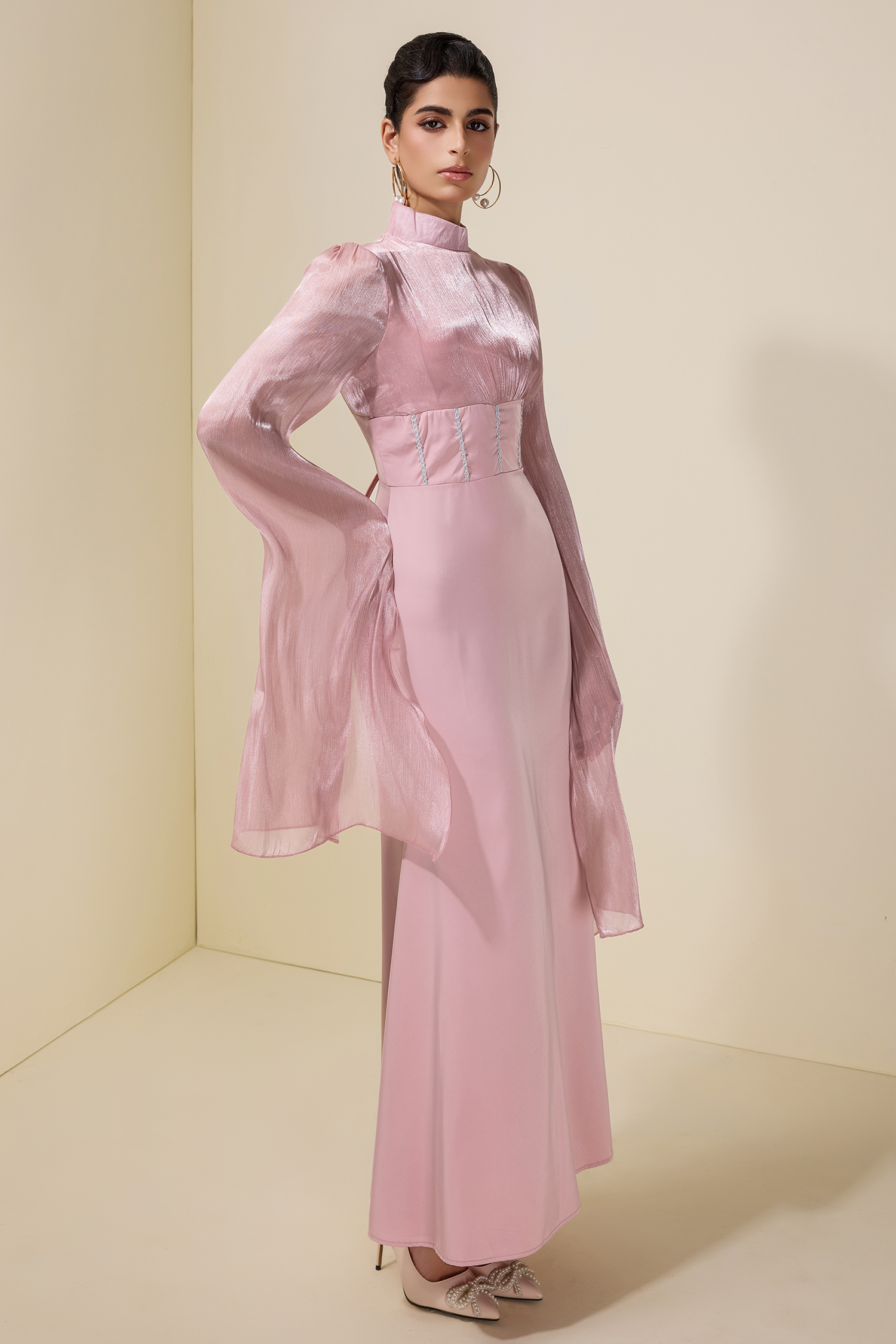 Satin Splicing Organza Cape Sleeve Maxi Dress
