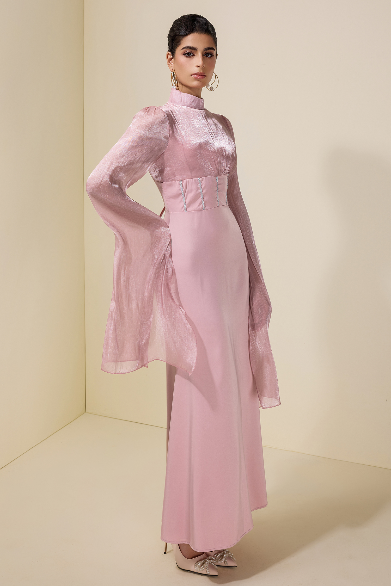 Satin Splicing Organza Cape Sleeve Maxi Dress