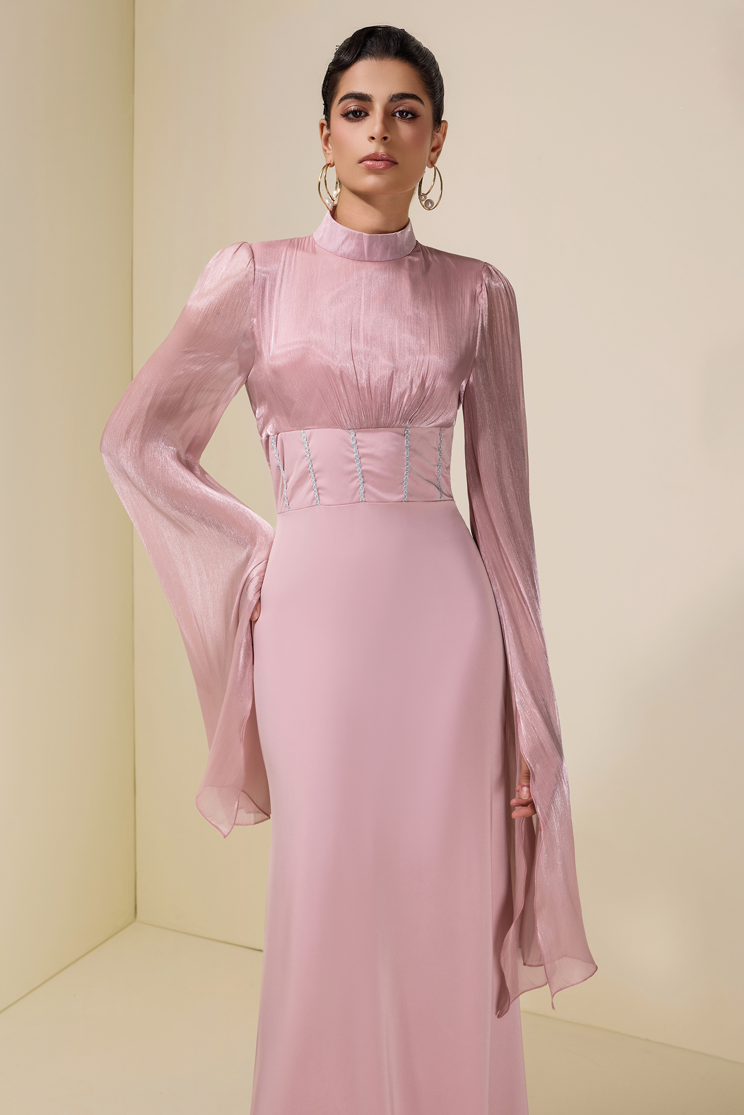 Satin Splicing Organza Cape Sleeve Maxi Dress