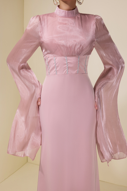 Satin Splicing Organza Cape Sleeve Maxi Dress