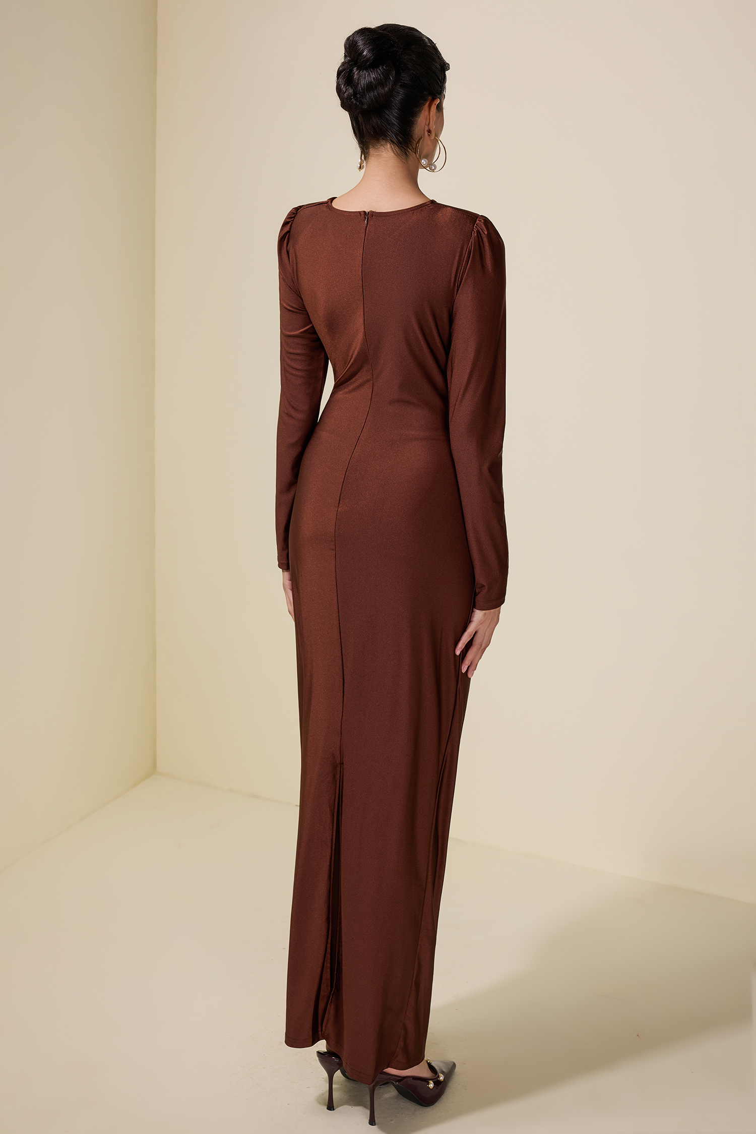 Rhinestone Draped Long Sleeve Maxi Dress