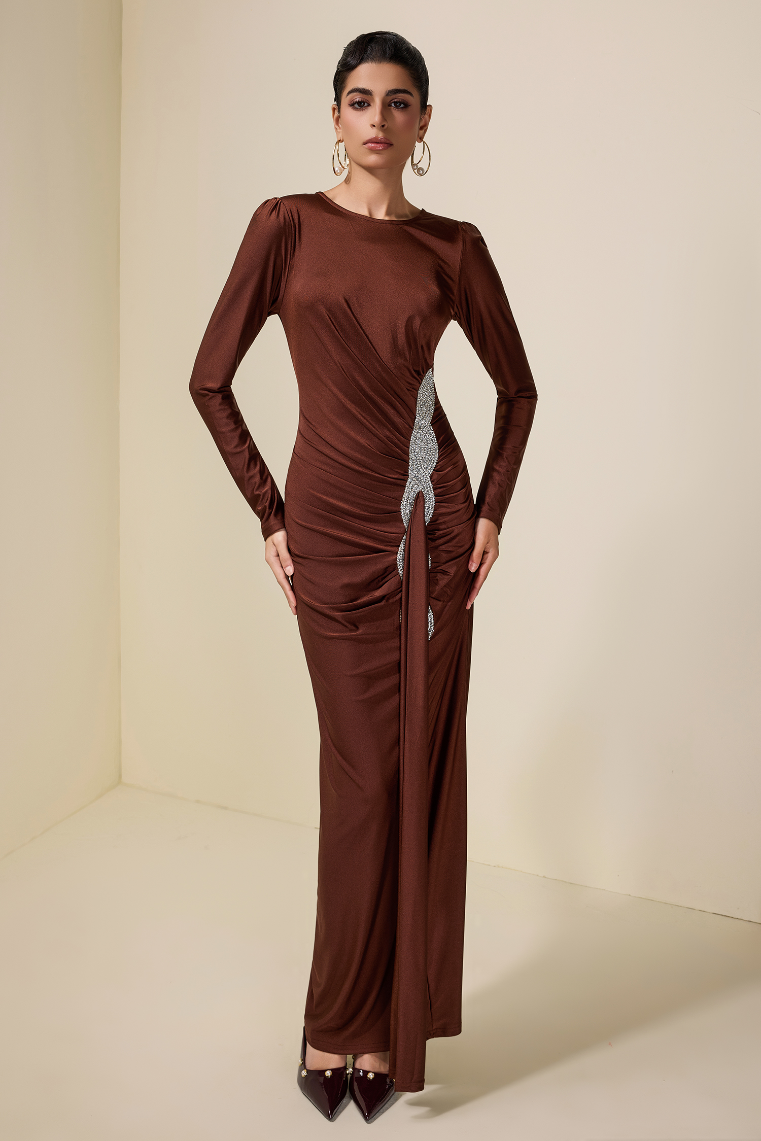 Rhinestone Draped Long Sleeve Maxi Dress