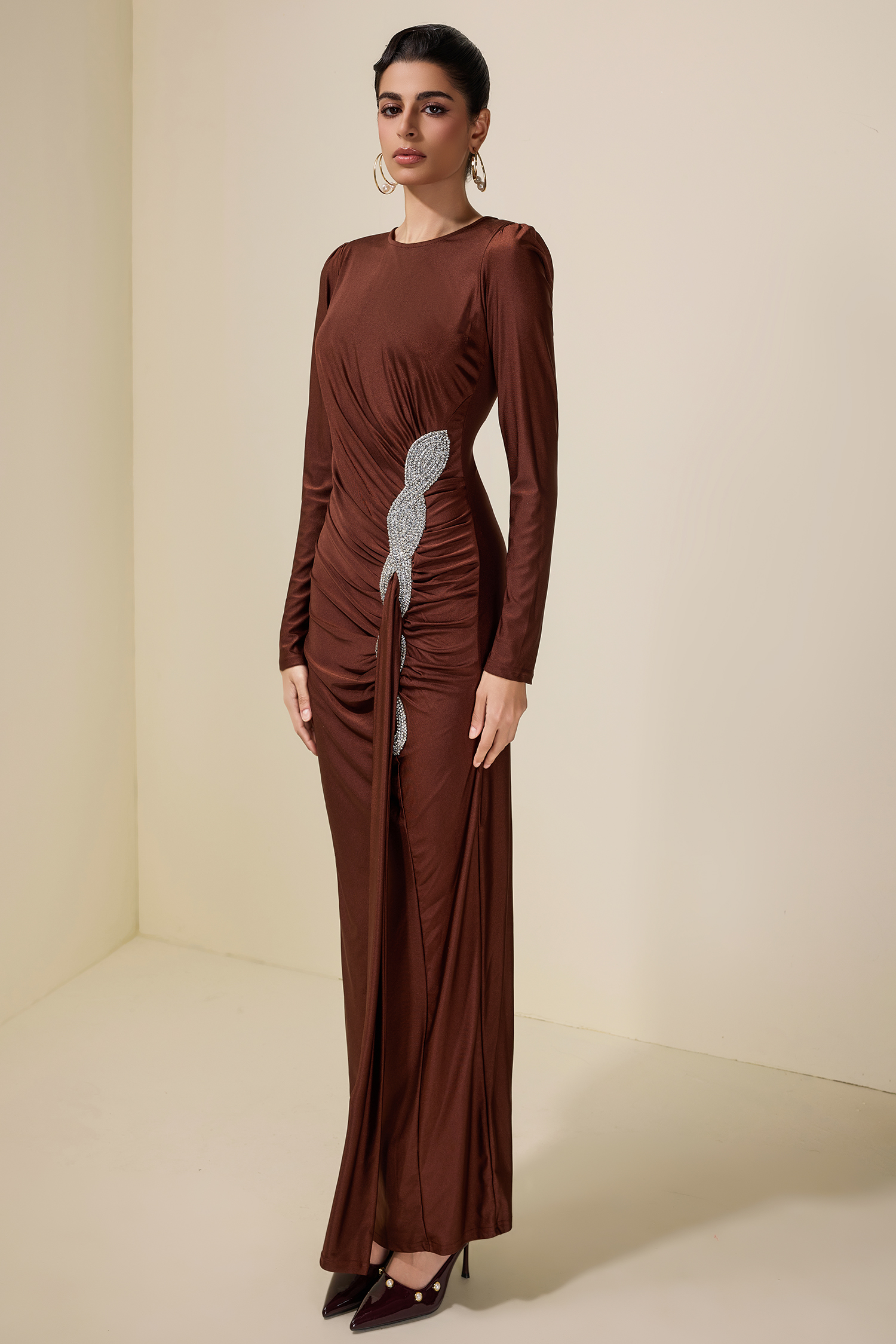 Rhinestone Draped Long Sleeve Maxi Dress