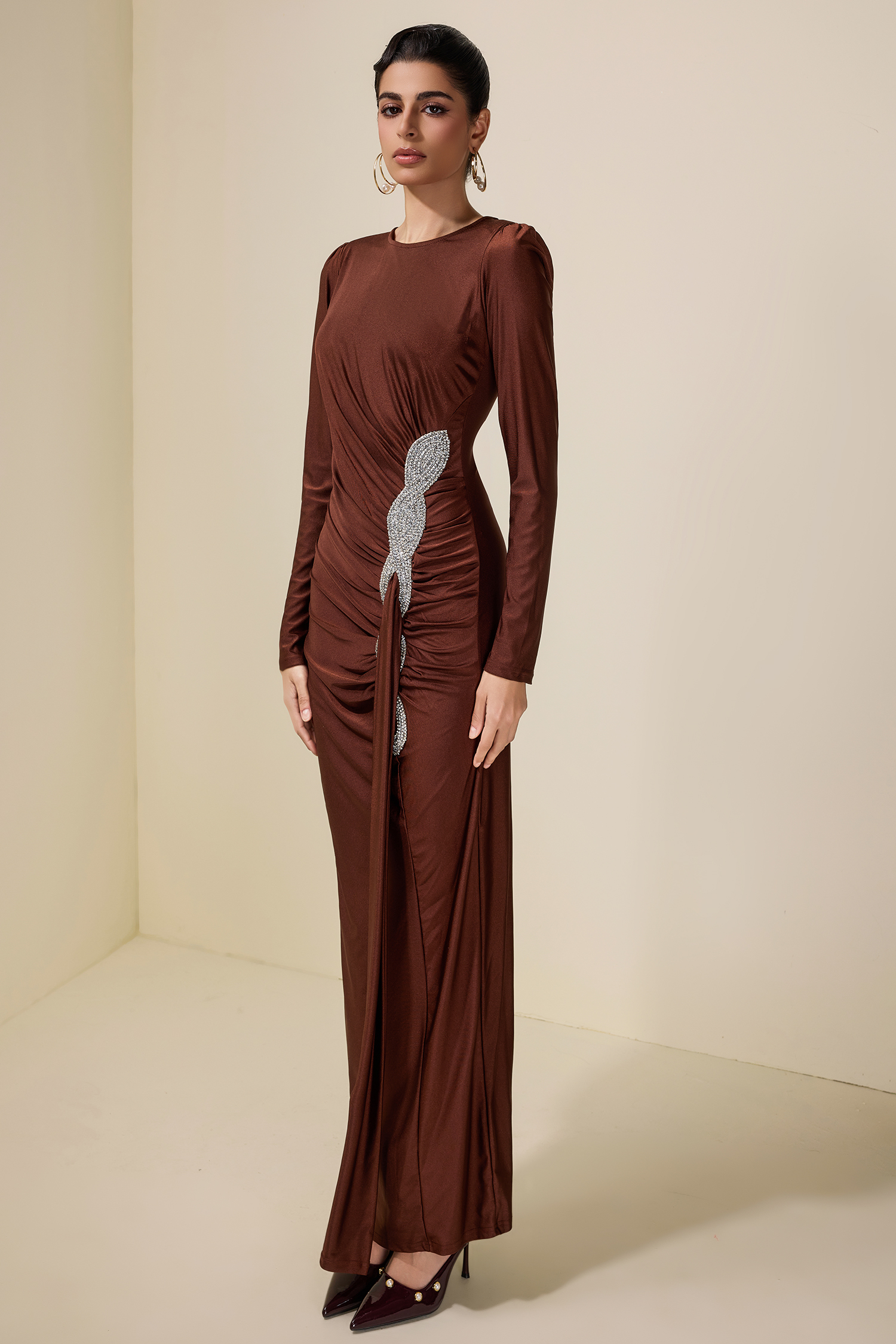 Rhinestone Draped Long Sleeve Maxi Dress