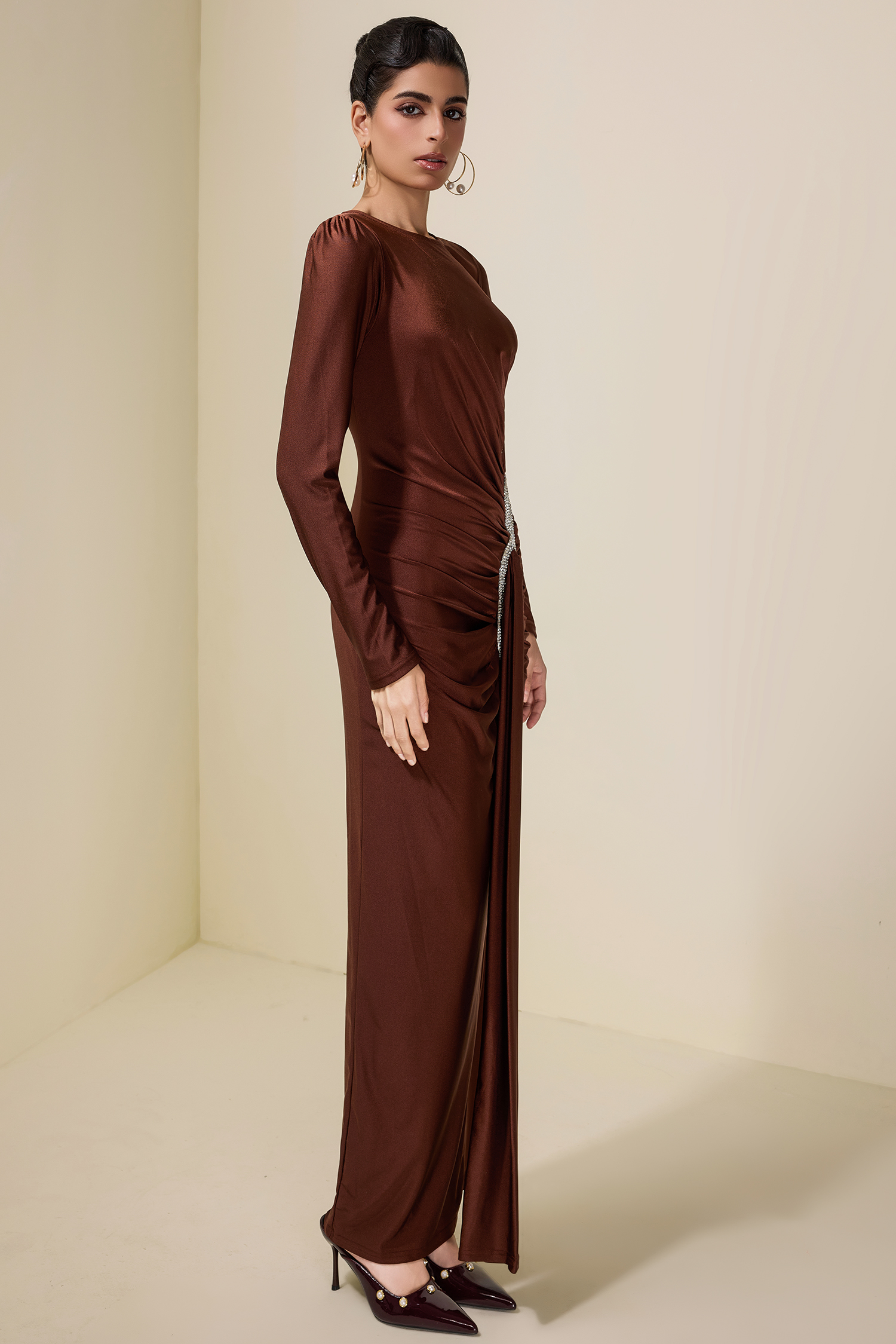 Rhinestone Draped Long Sleeve Maxi Dress
