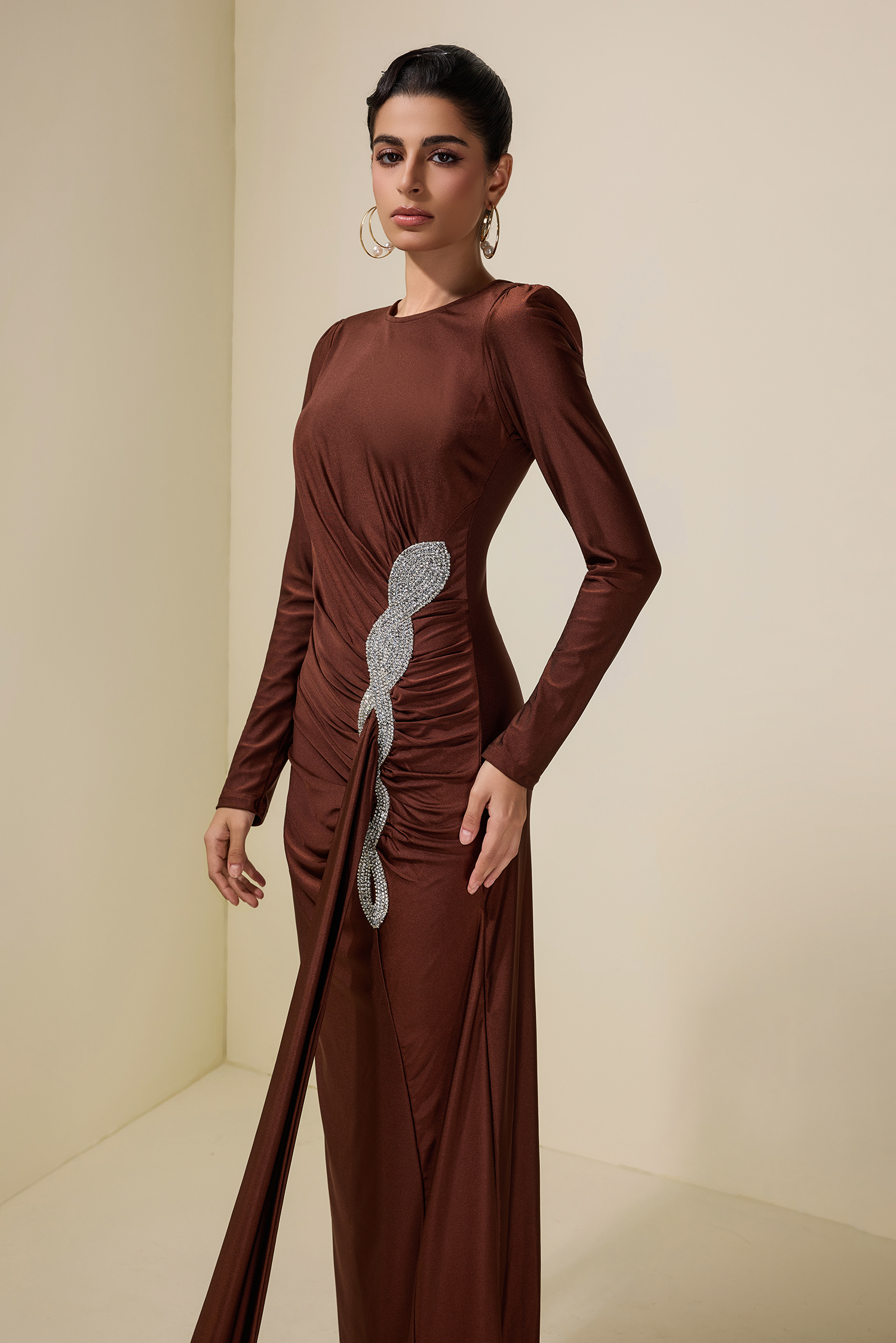 Rhinestone Draped Long Sleeve Maxi Dress