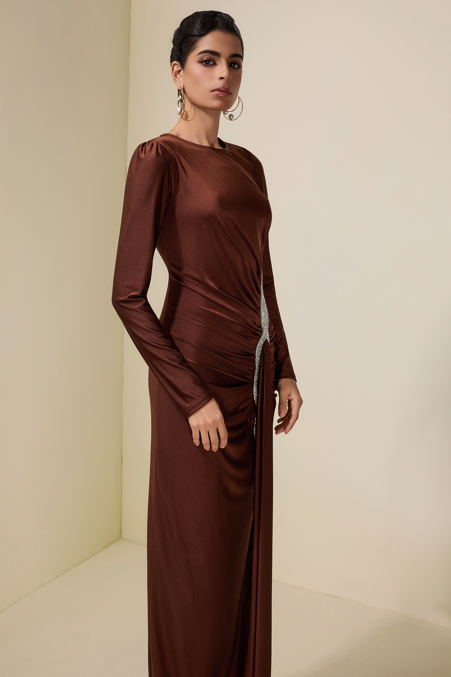 Rhinestone Draped Long Sleeve Maxi Dress