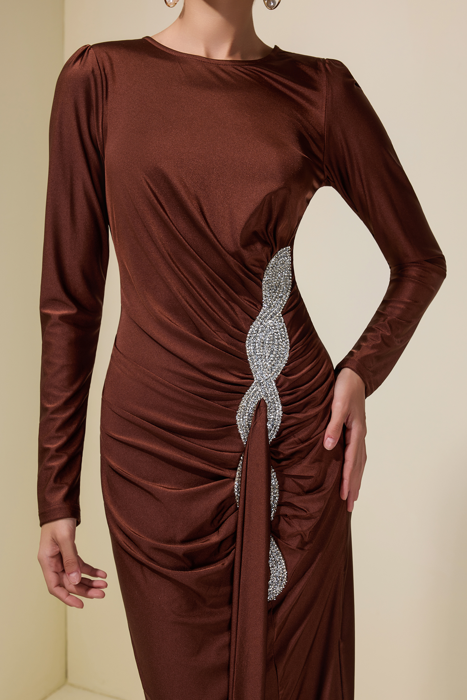 Rhinestone Draped Long Sleeve Maxi Dress