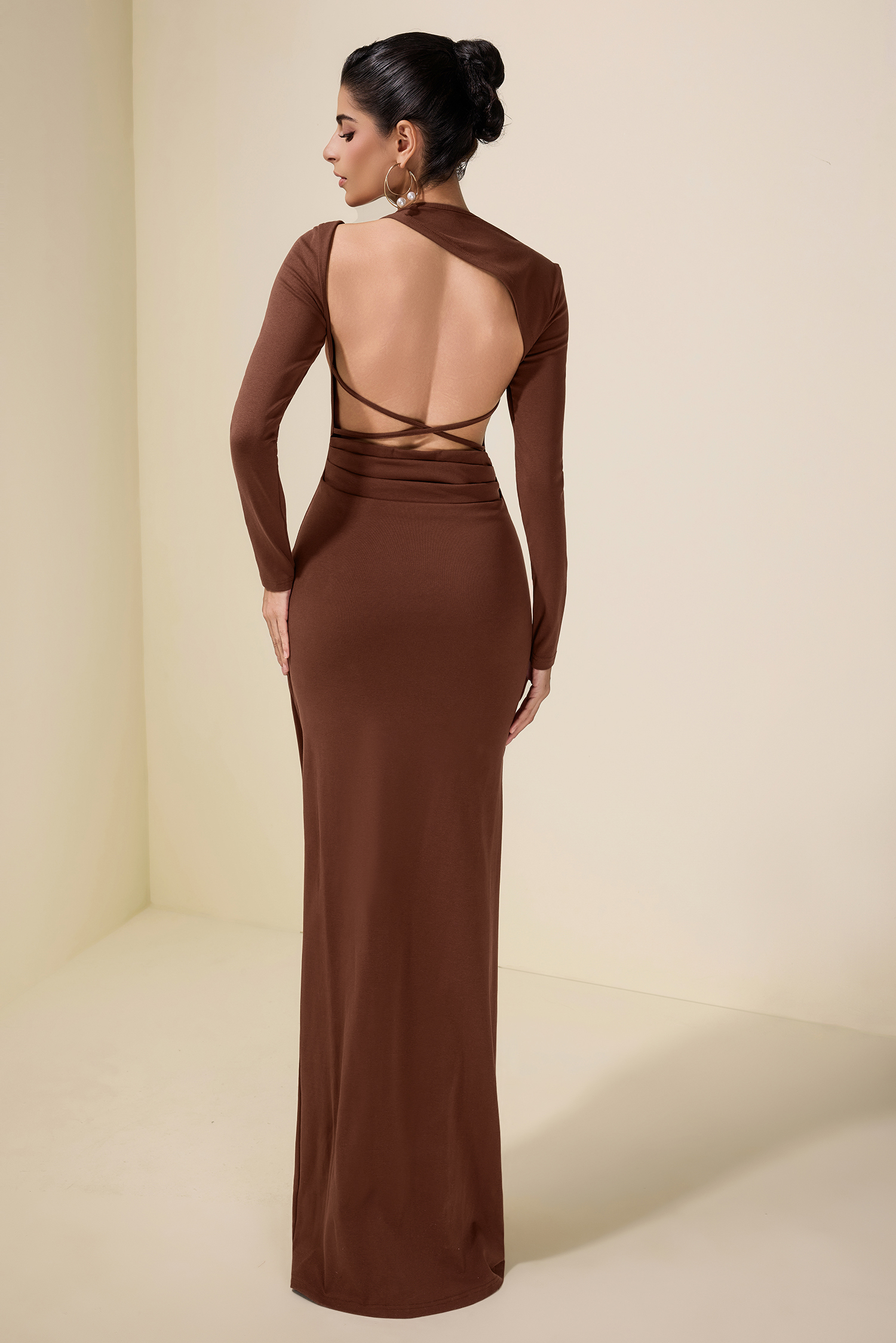 Solid Gathering Long Sleeve Maxi Dress