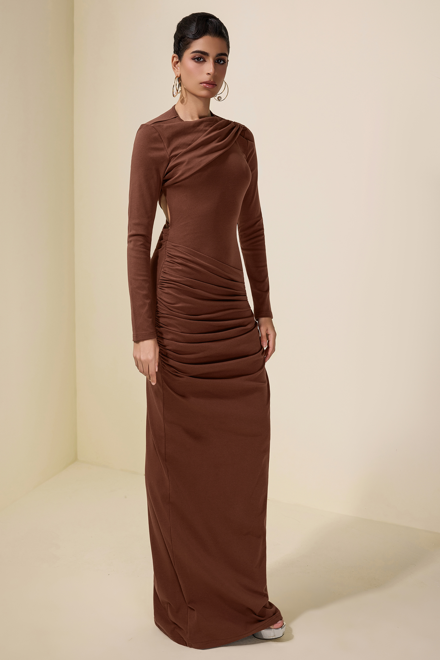 Solid Gathering Long Sleeve Maxi Dress