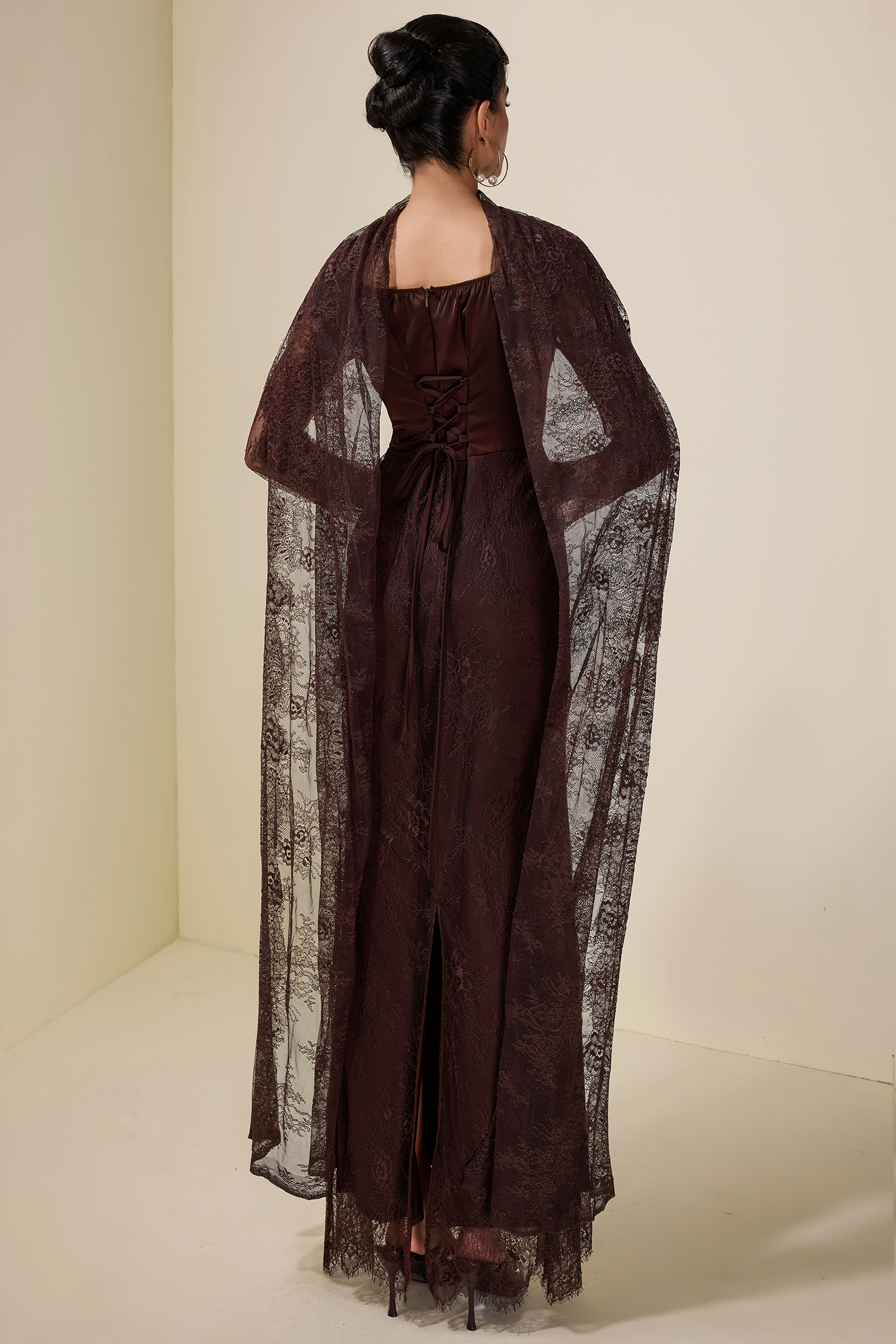 Lace Splicing Satin Tie-Up Maxi Dress