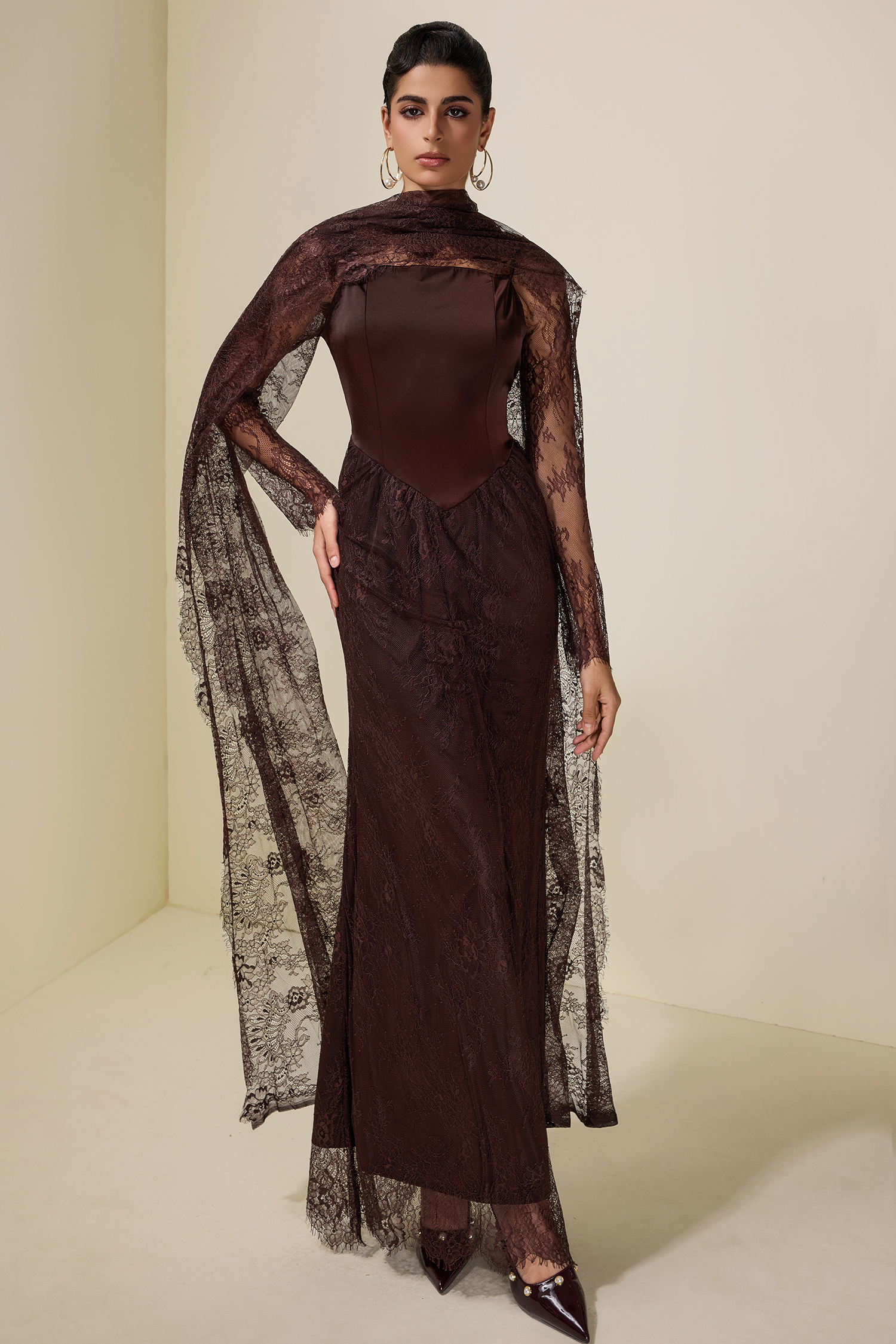 Lace Splicing Satin Tie-Up Maxi Dress