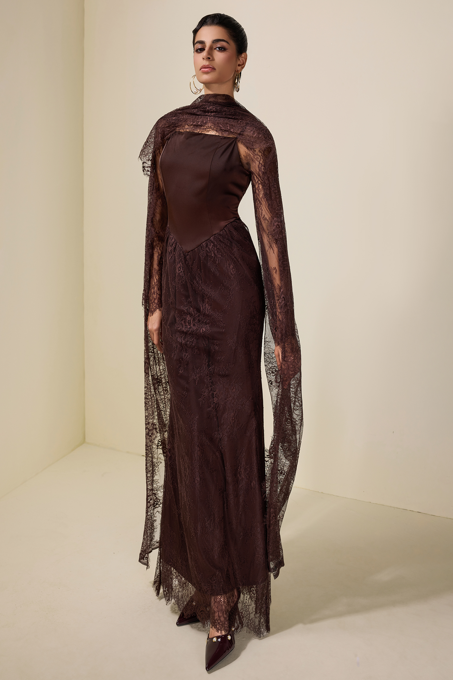 Lace Splicing Satin Tie-Up Maxi Dress