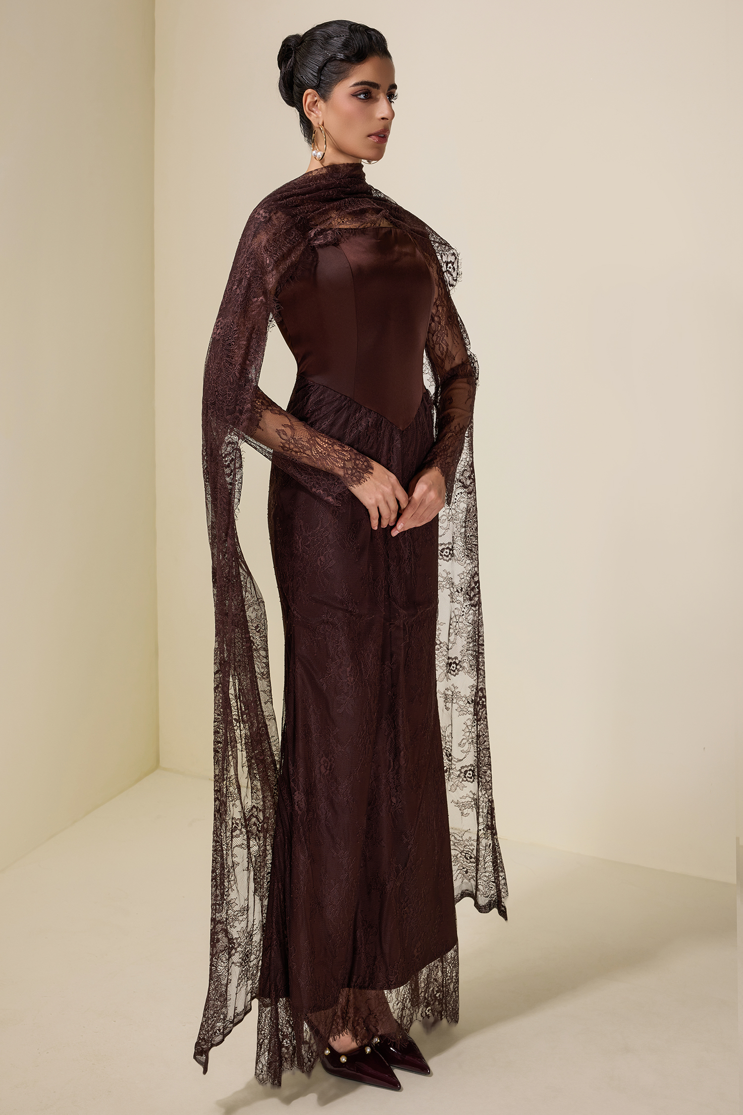 Lace Splicing Satin Tie-Up Maxi Dress