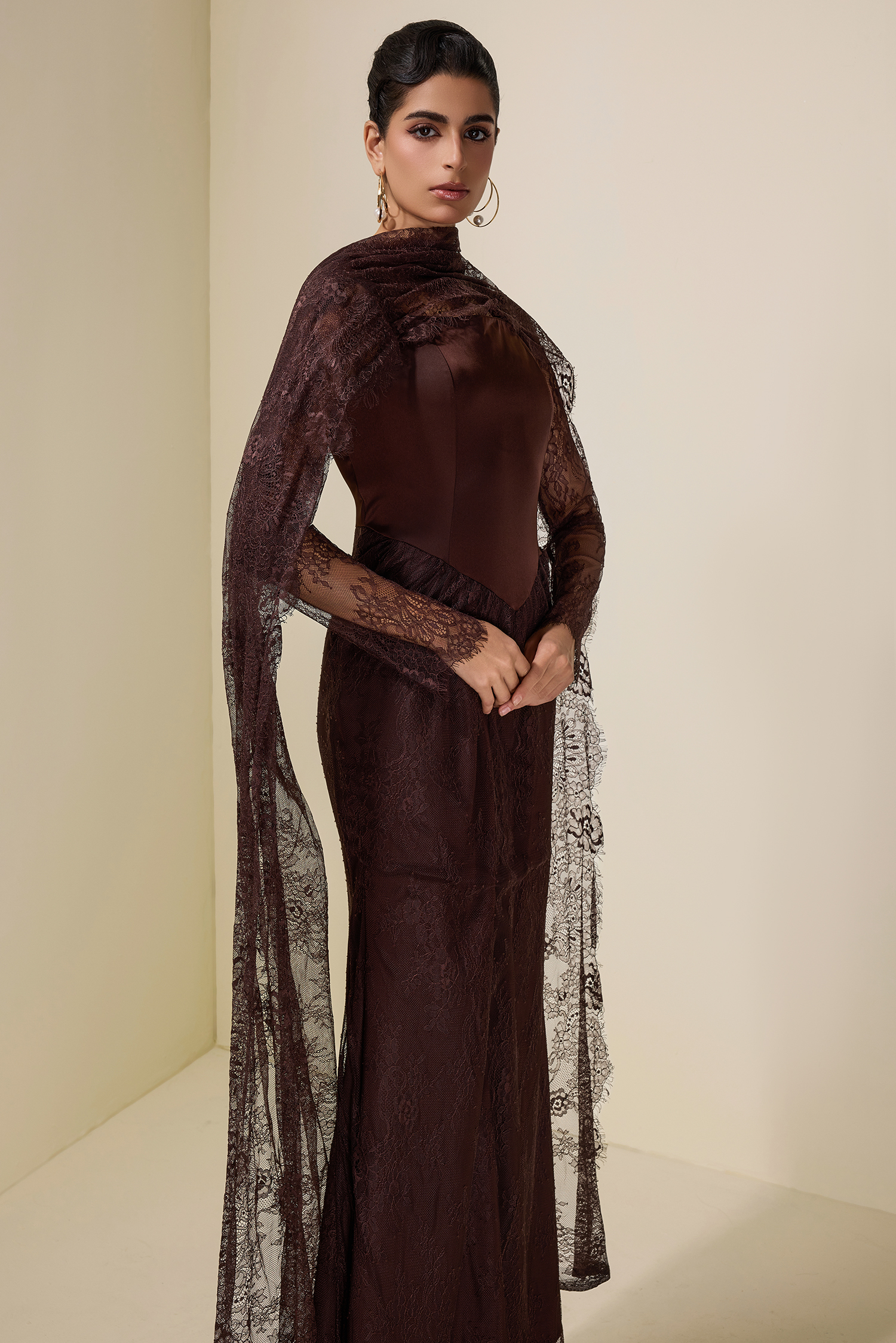 Lace Splicing Satin Tie-Up Maxi Dress