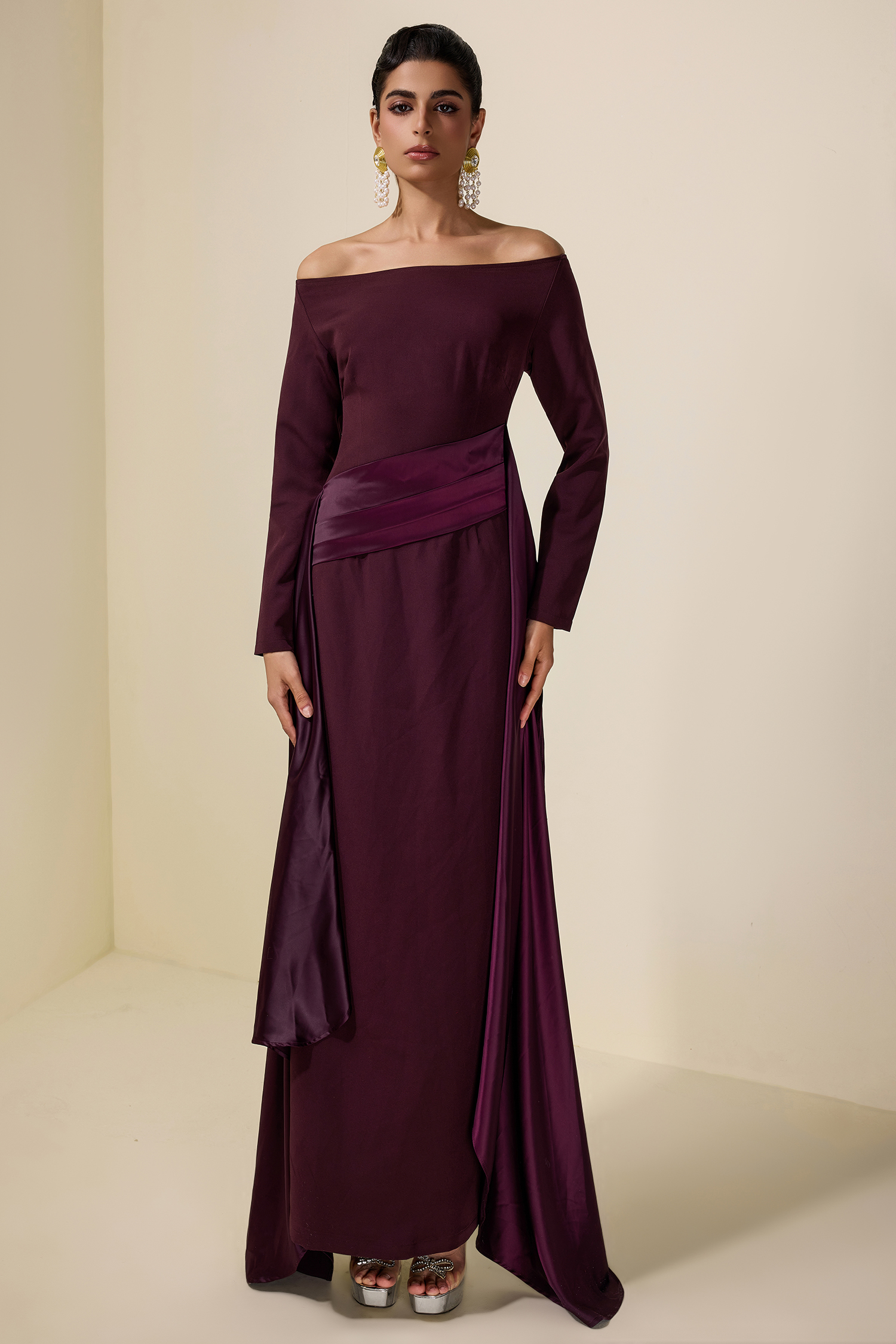 Satin Splicing Off-Shoulder Maxi Dress