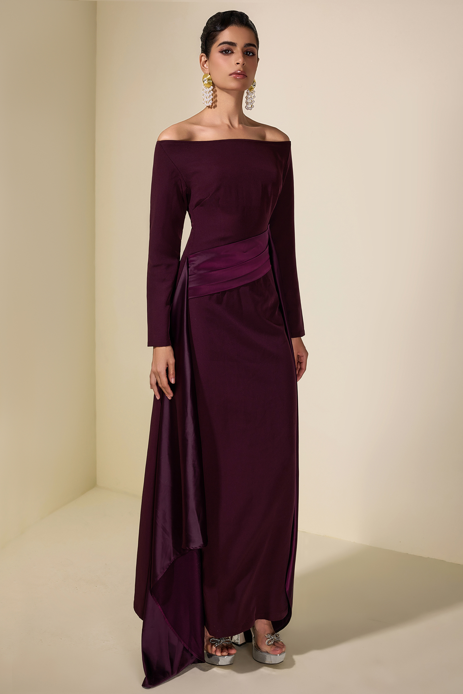 Satin Splicing Off-Shoulder Maxi Dress
